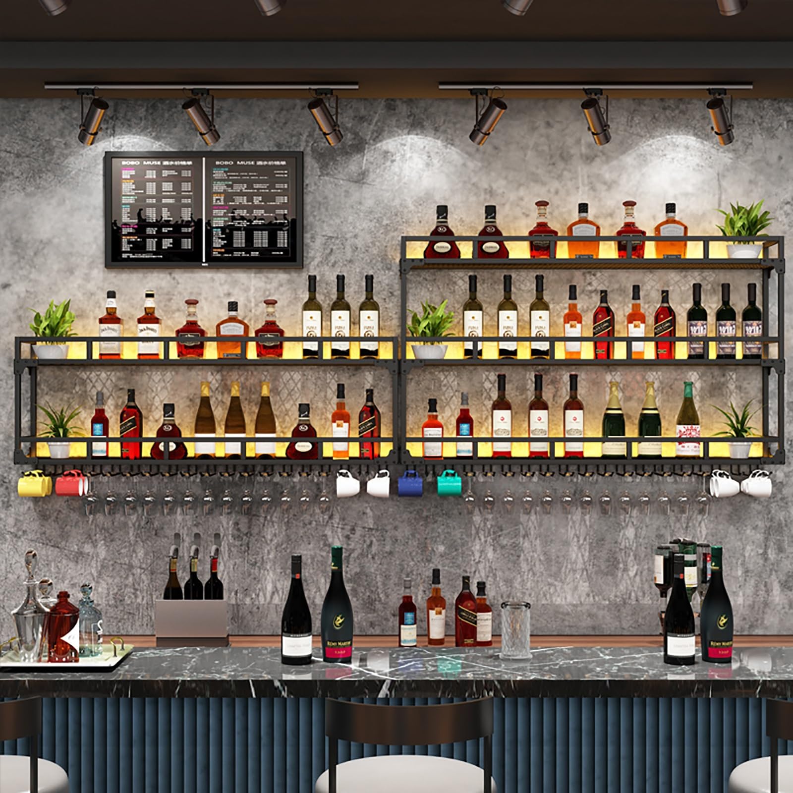 Estante de pared flotante industrial con barra de luz LED y soporte de vidrio, estante de exhibición de botellas de licor montado en la pared para estantes de almacenamiento de metal de cocina (negro