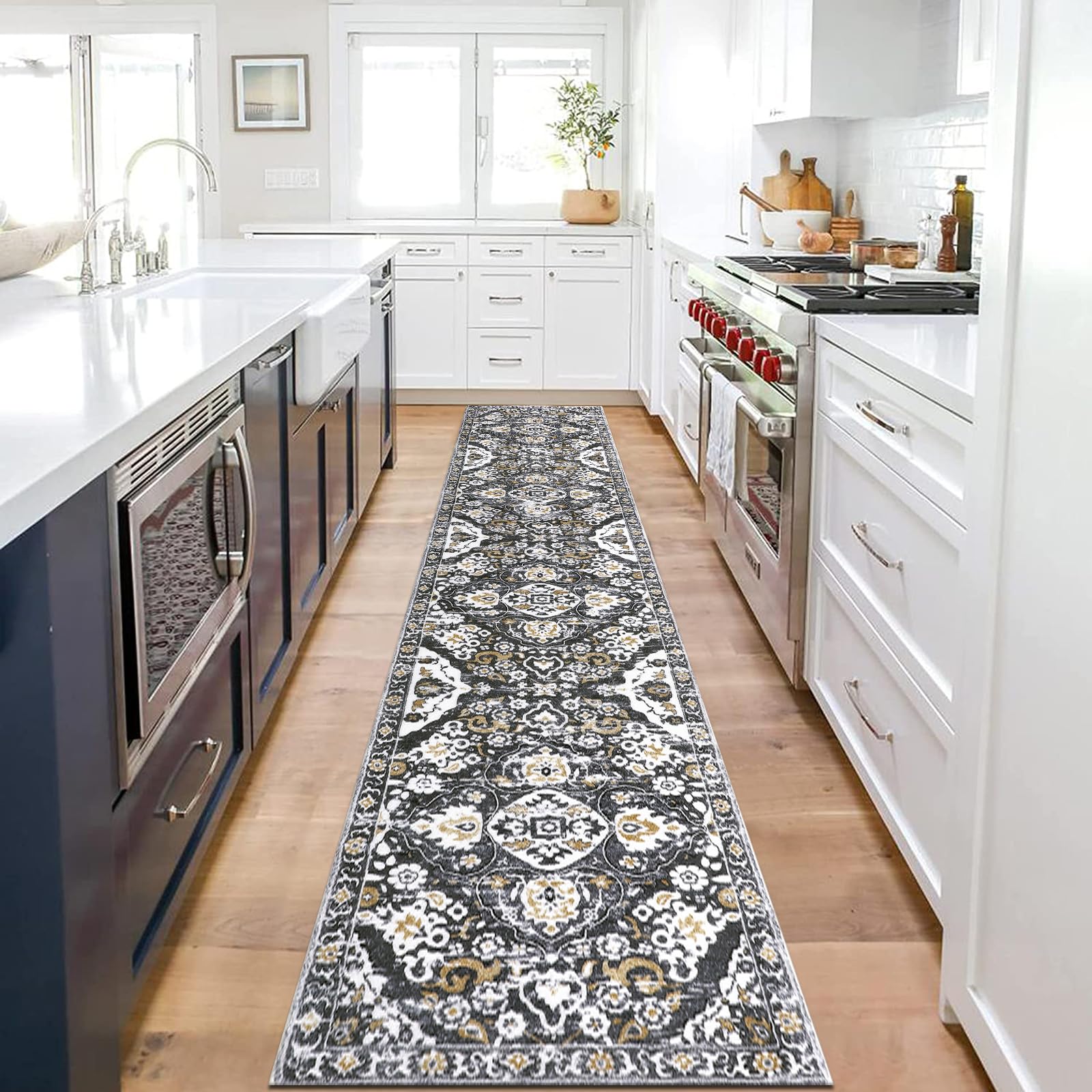HEBE Boho Hallway Runner Rug 2x10Ft Non Slip Distressed Medallion Area Rugs Runner Washable Laundry Room Rug Vintage Long Floor Carpet for Entryway Bedroom Kitchen Floor Bathroom