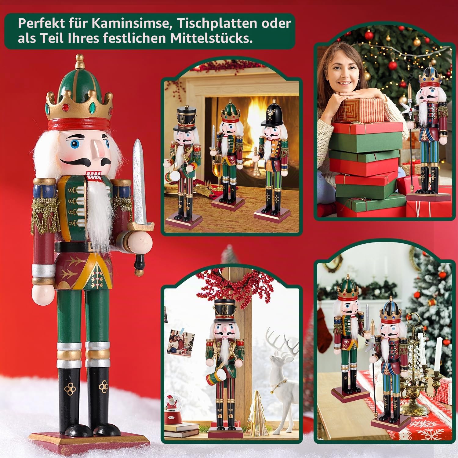 4pc Weihnachten Nussknacker Soldat 30cm Holz Nussknacker Weihnachtsdekorationen für Kamin, Weihnachten Nussknacker Figuren Indoor Weihnachtsdekorationen -Trompeter, Drummer, Schwertmänner, Pikeman