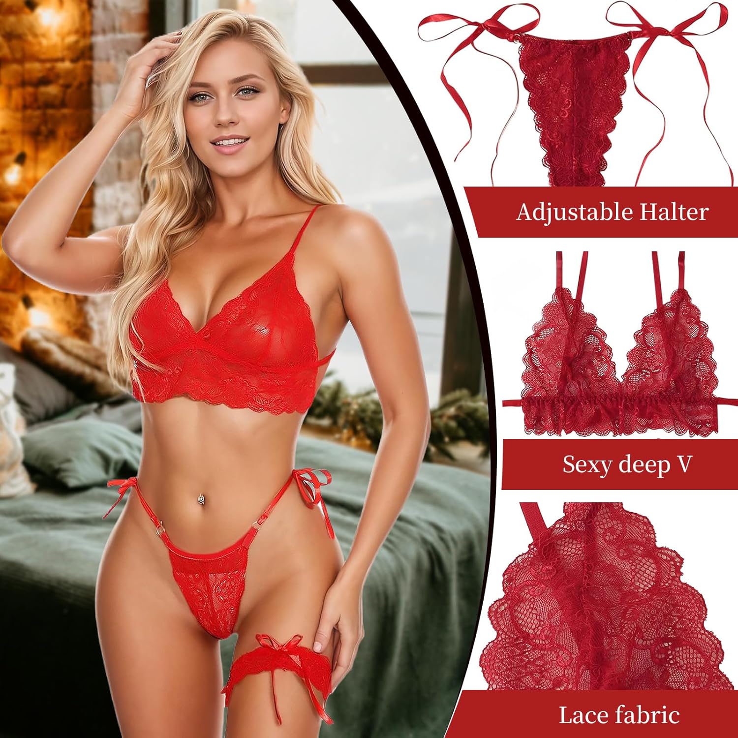 3 Pces Sheer Sexy Lingerie for Women, Lace Bra and Panty Sets With Garter Valentines Lingerie, Red, Onesize 2-8 - Image 6