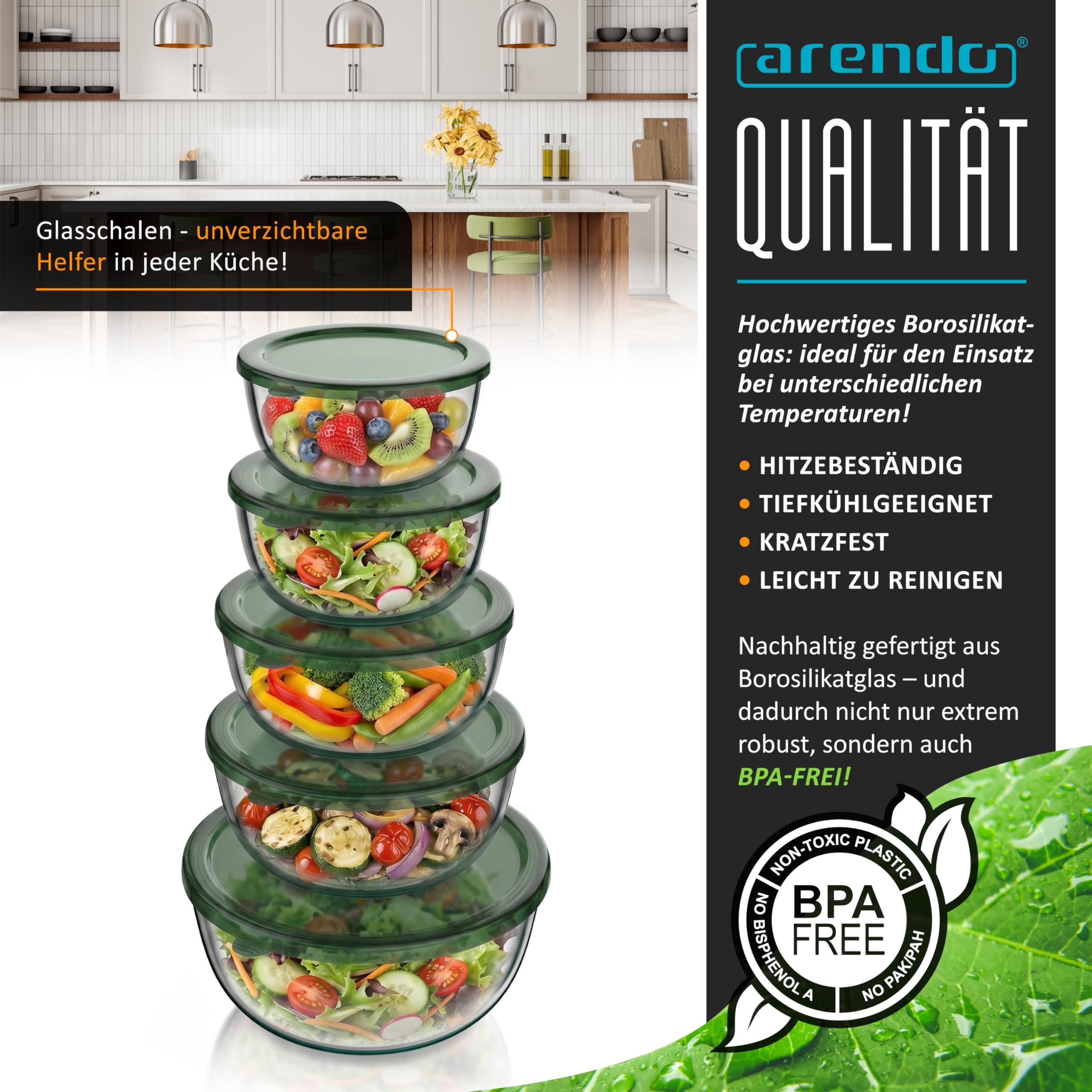 Arendo - Salatschüssel aus Glas mit Deckel - Glasschüssel 5er Set - 1000ml + 1500ml + 2000ml + 2700ml + 4400ml – Rührschüsseln klein bis groß – Borosilikatglas - Glasschale Salatglasschale