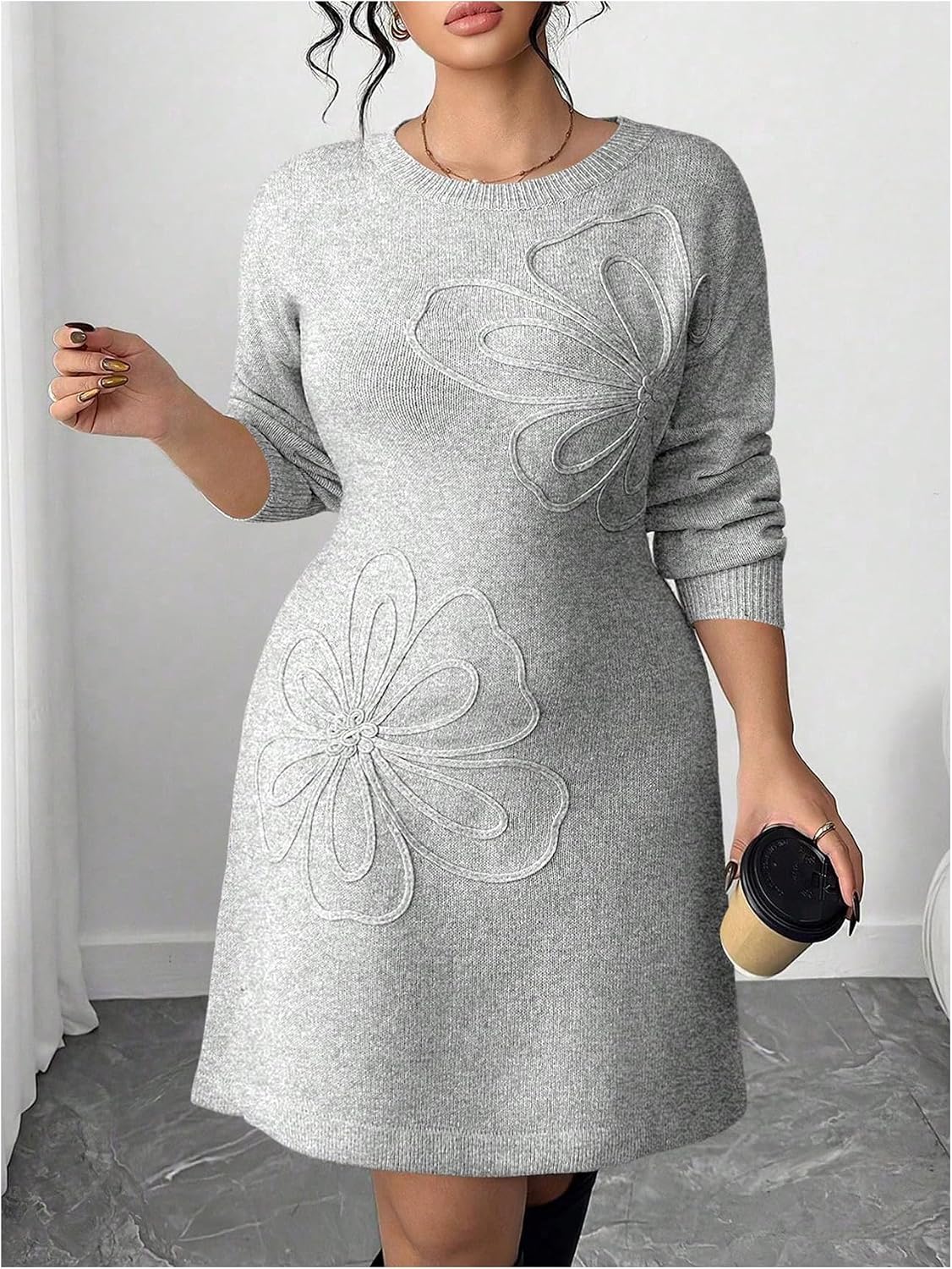 SOLY HUX Women's Plus Size Sweater Dress Floral Crew Neck Long Sleeve Knit A Line Fall Winter Dresses