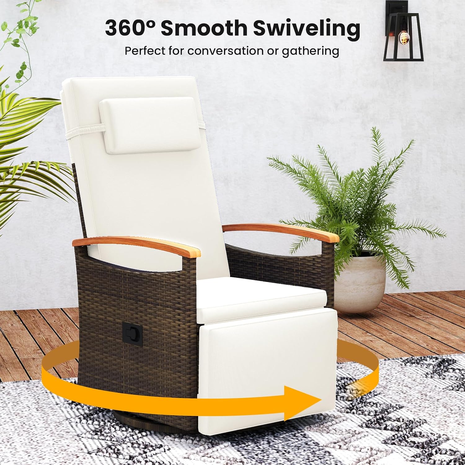 RELAX4LIFE Swivel Outdoor Recliner Chair - Wicker Rattan Chaise Lounge w/Adjustable Back & Footrest, Acacia Wood Armrests, Flip Side Table, Cushion, Reclining Patio Chairs for Porch Balcony (1, White)