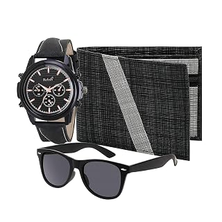 Relish Mens Black Analogue Watch, PU Leather Wallet and Wayfarer Sunglasses Combo Pack | Diwali Gifts for Mens, Brother, Husband
