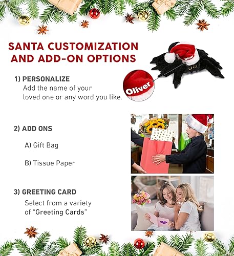 Miniatura 2 de DolliBu Peluche de araña negra de Papá Noel, disfraz de araña súper suave con sombrero rojo de Papá Noel, lindo regalo de vida silvestre de araña