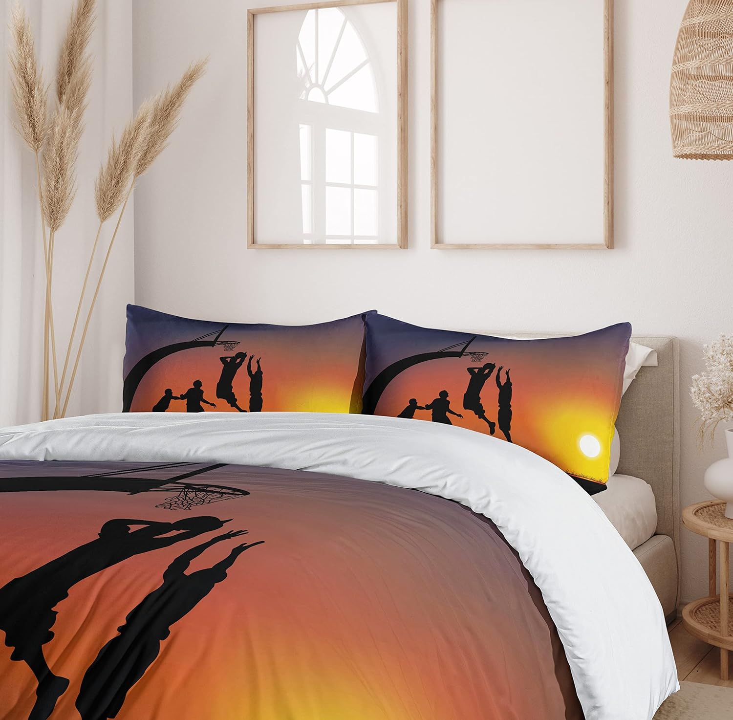 Ambesonne Teen Room Duvet Cover Set, Boys Playing Basketball at Sunset Horizon Sky Dramatic Scenery, Decorative 2 Piece Bedding Set with 1 Pillow Sham, Twin Size, Dark Coral Black Yellow Twin Dark Coral Black Yellow