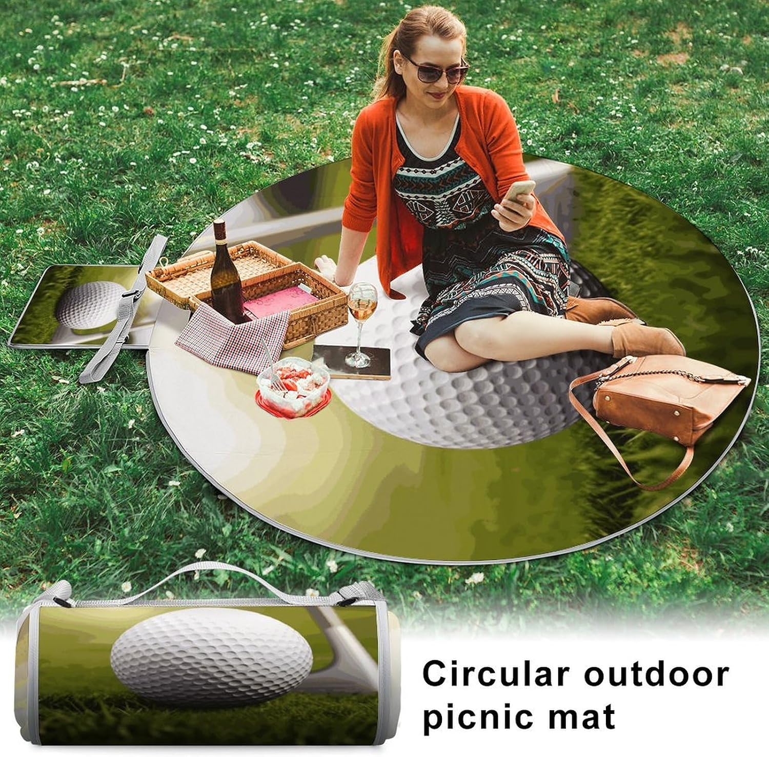 Sport Golf Ball Picnic Blanket Round Outdoor Circular Mat for Family 60" Waterproof Sandproof Outdoor Blanket Extra Large Foldable Portable for Beach Camping Park Backyard