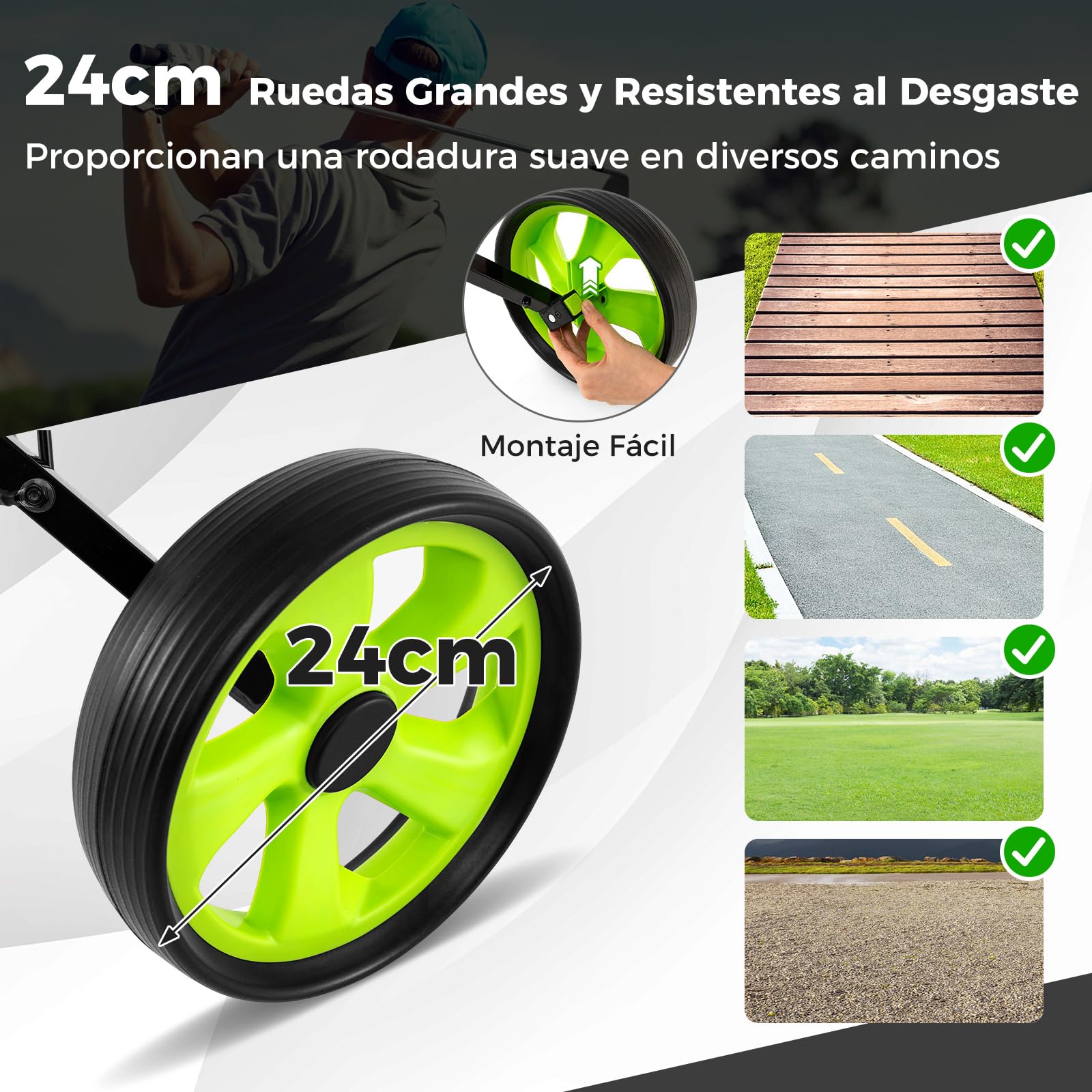 GYMAX Carrito de Golf Plegable 2 Ruedas con Correa Ajustable