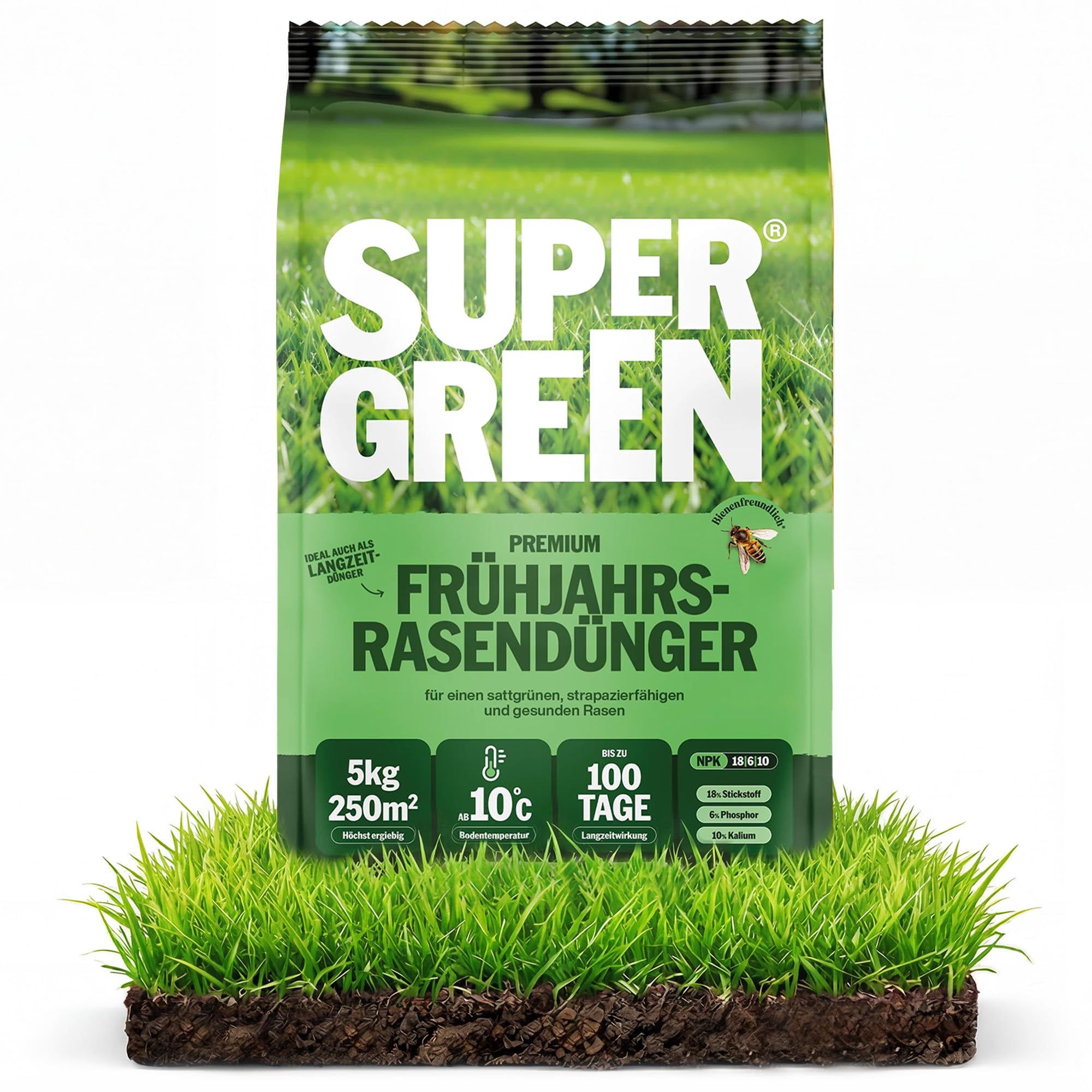 Supergreen Rasendünger Langzeit bis 100 Tage | NPK 18-6-10 für schnellen, sattgrünen, dichten Rasen | Nitratfrei & staubfreies Granulat (2-5 mm) | Premium Qualität | 5kg