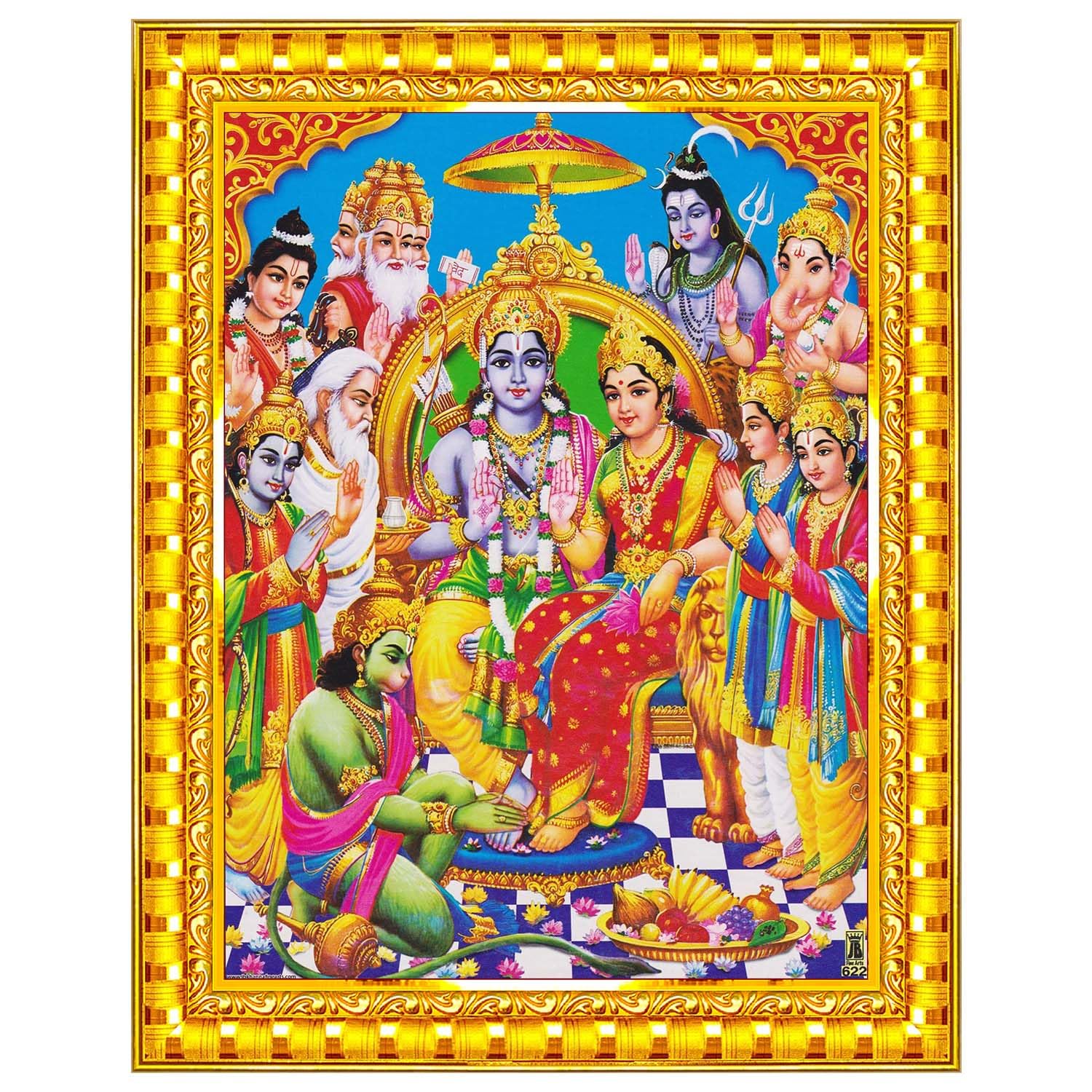 Ram Darbar Lord Shri Rama Sita Parivar Family Wall Art Painting Framed Decoration Gift (Wood,Gold,Big Size,10x12in) R745M