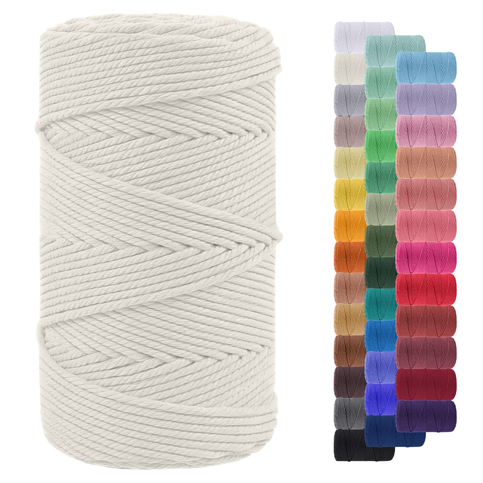 LEREATI Macrame Cord 4mm x 200m, Thick Macrame Rope Yarn Coloured Cotton Cord, 4 Strand Twisted DIY Craft String for Macrame Plant Hanger, Wall Hanging, Knitting, Christmas Decoration (Natural)