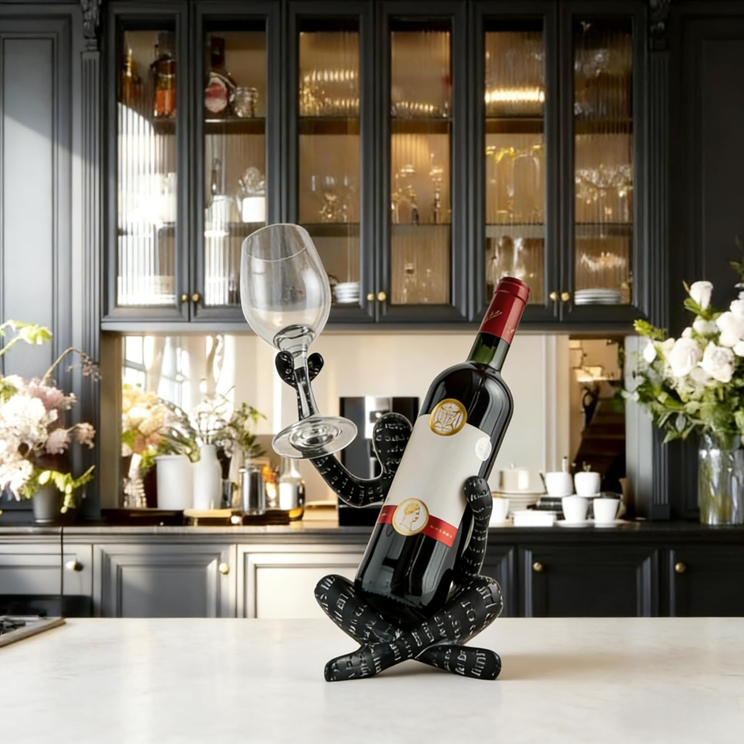XINXUAN Abstract Wine Bottle Holder Home Decor, Resin Hollow-Out Design Decorative Wine Rack (Letter - Black)