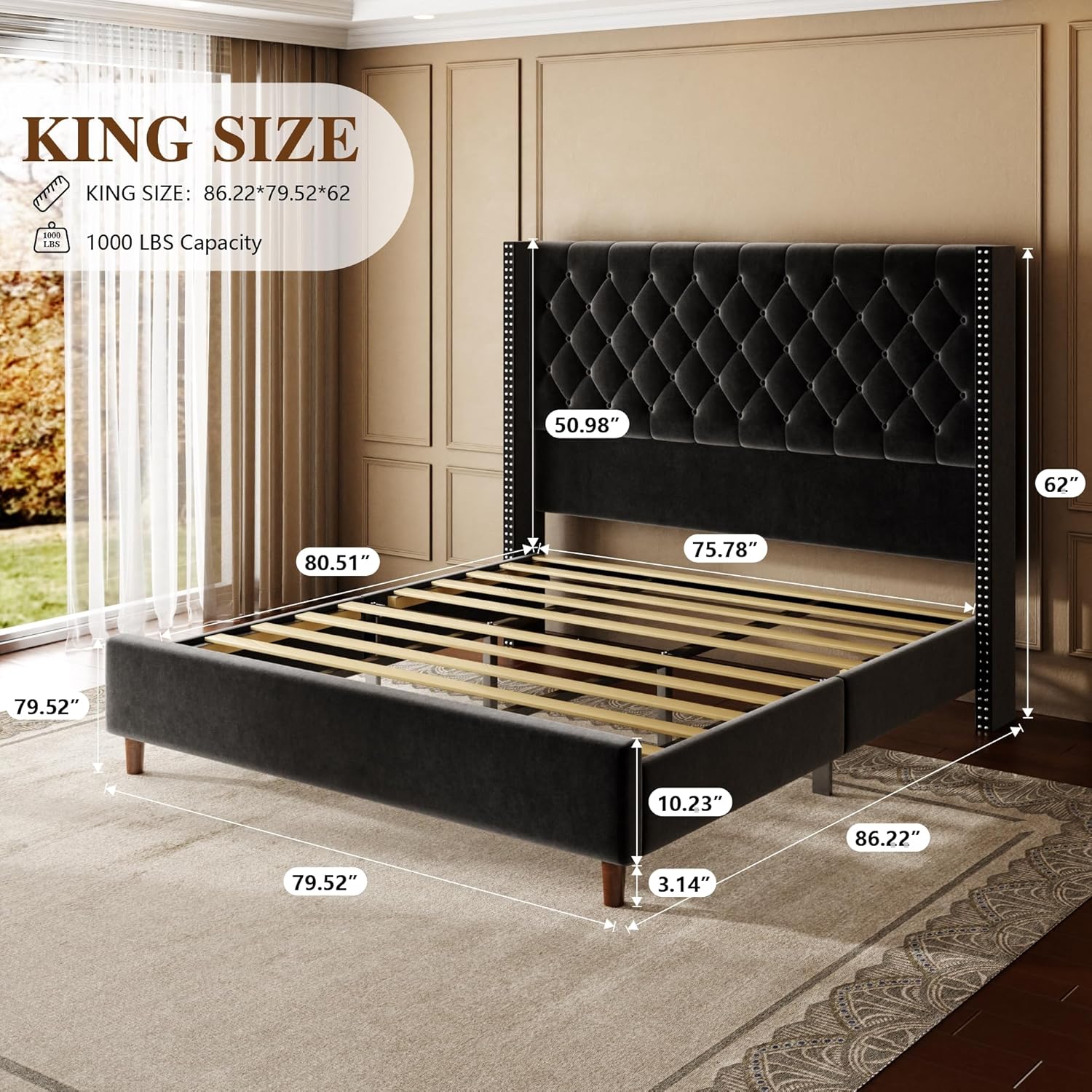 Kooprosp King Size Bed Frame, 62" Tall Velvet Upholstered Bed with Diamond Tufted Headboard, Vintage Rivets & Wingback Design, Wooden Slats, No Box Spring Needed, Easy Assembly, Black