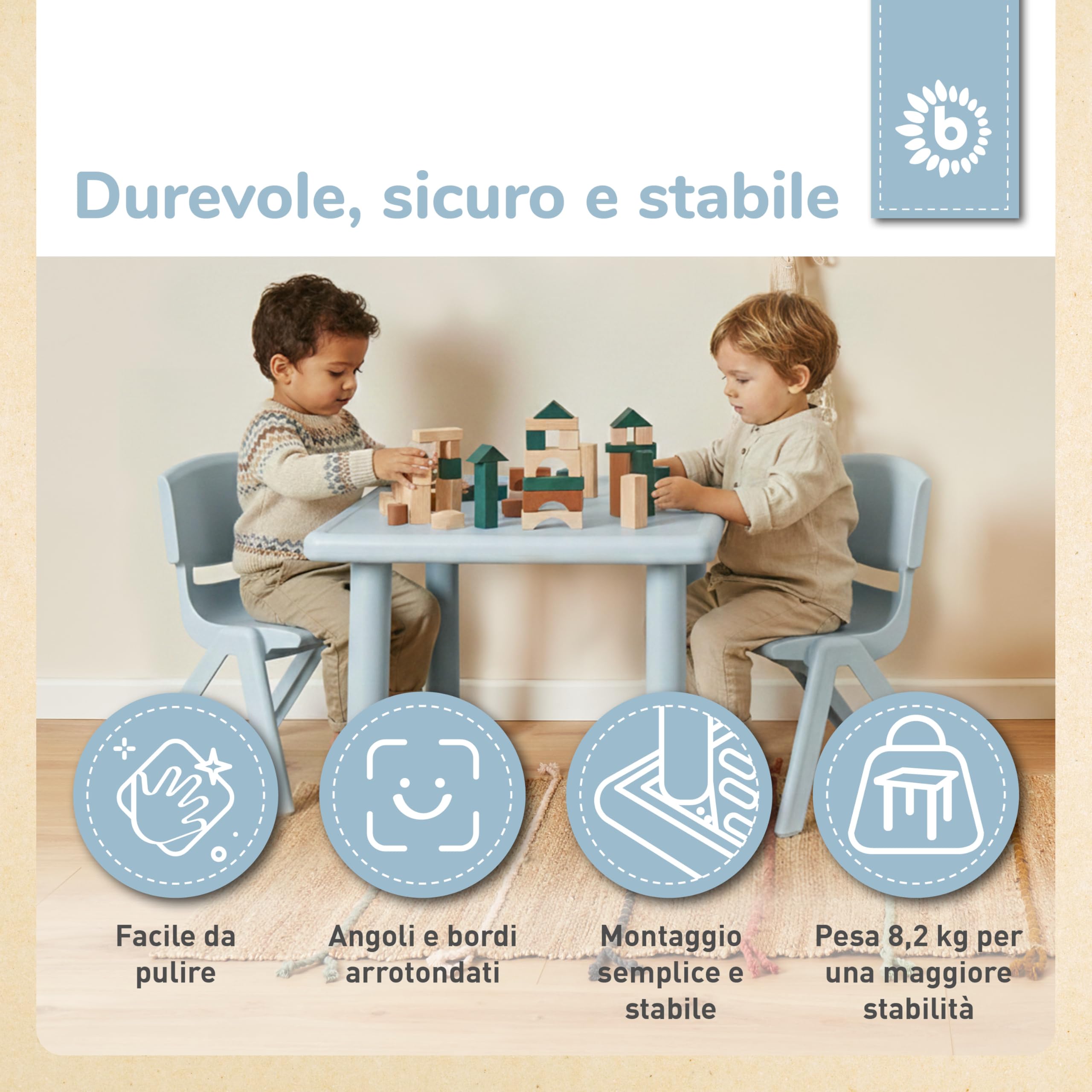 BIECO Tavolino per Bambini Grande Hazy Blue 62x62x52 cm | Tavolo per Bambini | Tavolino da Giardino in Plastica | Mobili da Giardino Esterno