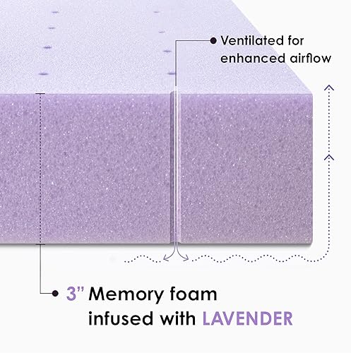 Miniatura 6 de Mellow Cubrecolchón de espuma viscoelástica ventilada de 3 pulgadas, infusión calmante de lavanda, tamaño matrimonial