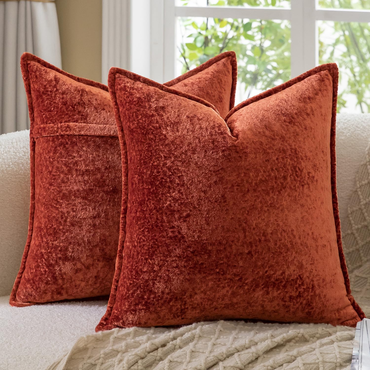 Madizz Decorative Vintage Chenille Cushion Covers Pack of 2 Plaid Couch Pillows Neutral Boho Farmhouse Euro Sham Covers Home Decor for Couch Sofa Bedroom Living Room 60x60 CM, Red Orange