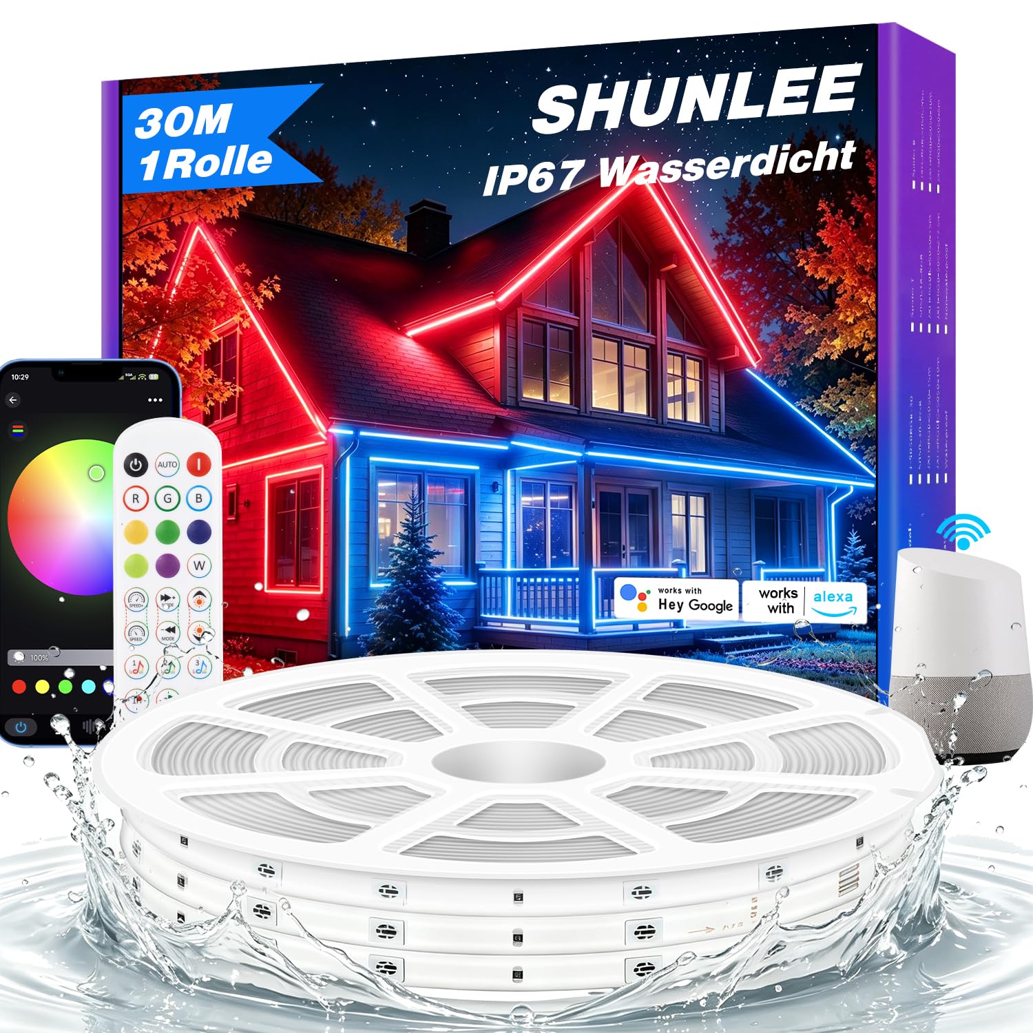 SHUNLEE IP67 RGB LED Streifen Aussenbereich, WiFi Outdoor LED Strip, 30M