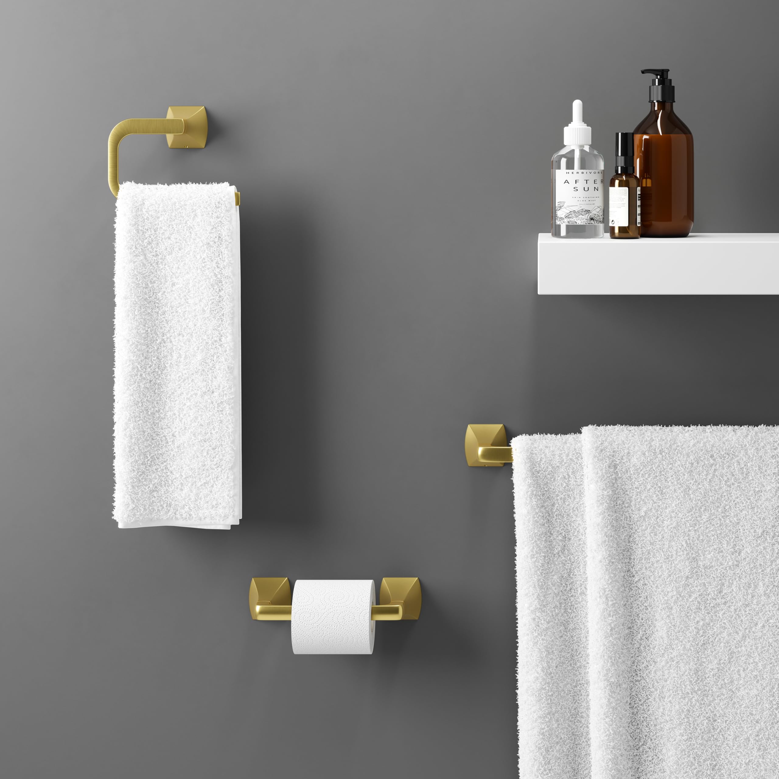 Pfister Bruxie BTBBIE3BG - Juego de Accesorios de baño de 3 Piezas con toallero, Anillo de Toalla y Soporte para Papel higiénico, Montaje en Pared, Acabado Dorado Cepillado, BTBBIE3BG