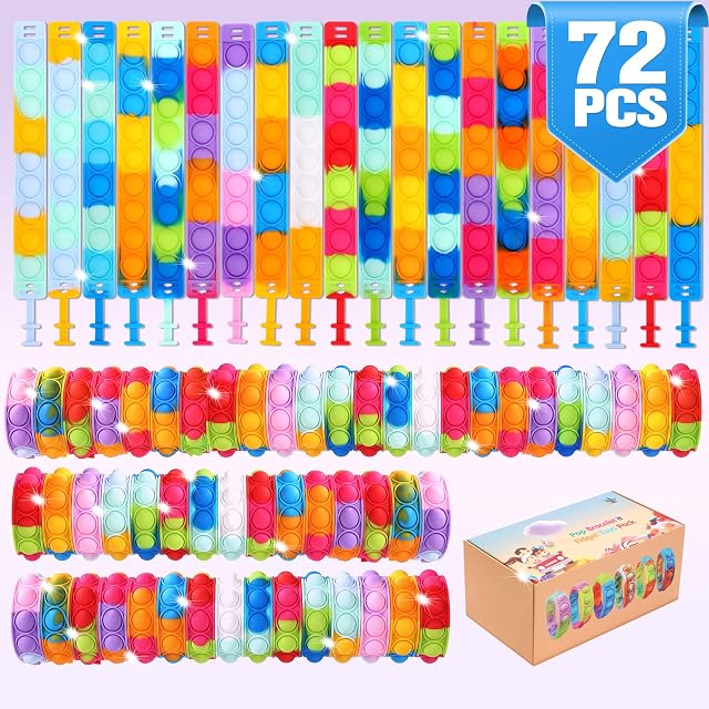 72 PCS Pop Bracelet it Fidget Toys Pack, Fidget Bracelet Birtyday Party Gifts, Decompression Wristband with Autistic & ADHD, Fidget Wristband as Return Gifts for kids, Fidgets Novelty Girls Toys