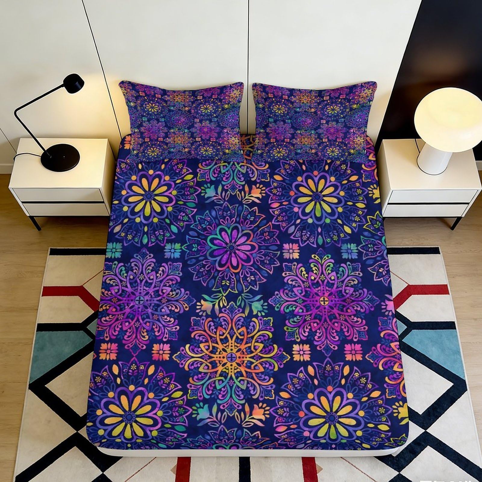 3D Printed Mandala Fireworks Fitted Sheet Microfiber Soft Decorative Boho Geometric Mattress Cover for Bedroom Guest Room 90x200x25cm