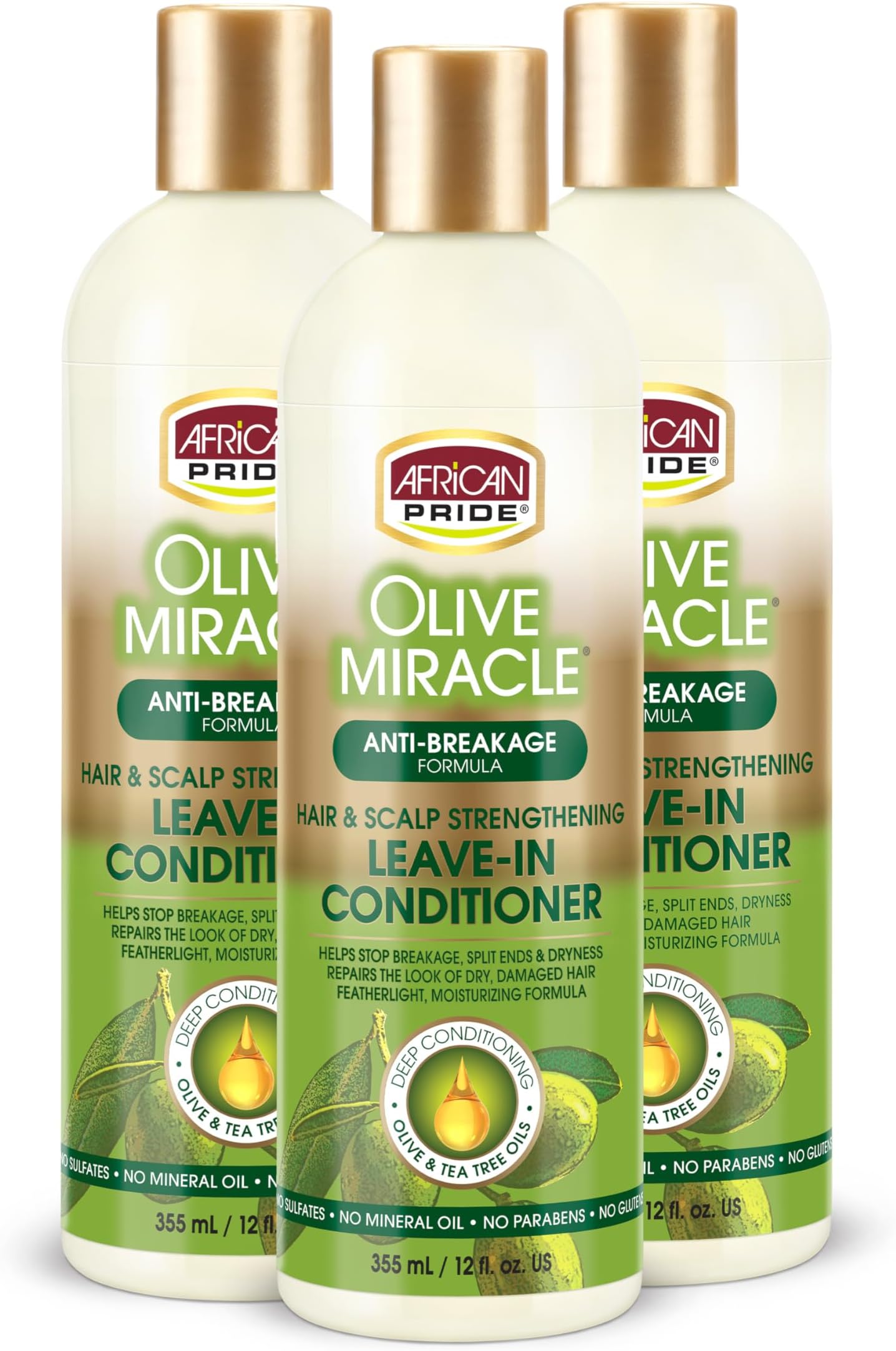 Olive Miracle Leave-In Conditioner (3 Pack) enriched with olive oil and tea tree to seal in moisture and prevent breakage. 12oz.