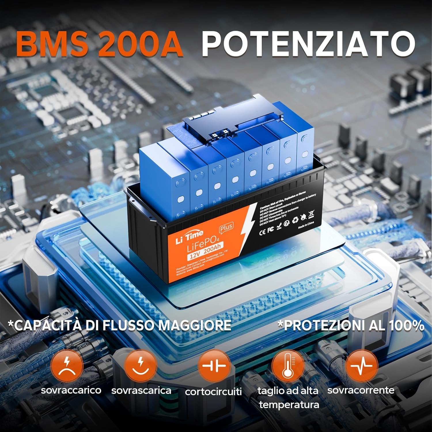 LiTime Batteria al Litio LiFePO4 12V 200Ah Plus per Camper, 4000-15000 Cicli Profondi, BMS 200A, Energia 2560Wh, Perfetta per RV, Furgone Camperizzato, Sistema Solare, Barche, Caravan, Off-grid