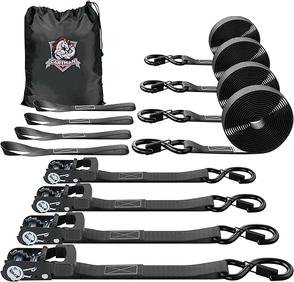 4-Pack 1" x 15ft Ratchet Straps with S Hooks, 1500 lbs Break Strength, Heavy Duty Tie Down Straps for Truck, Motorcycle, Cargo, 4PK Loops, Black