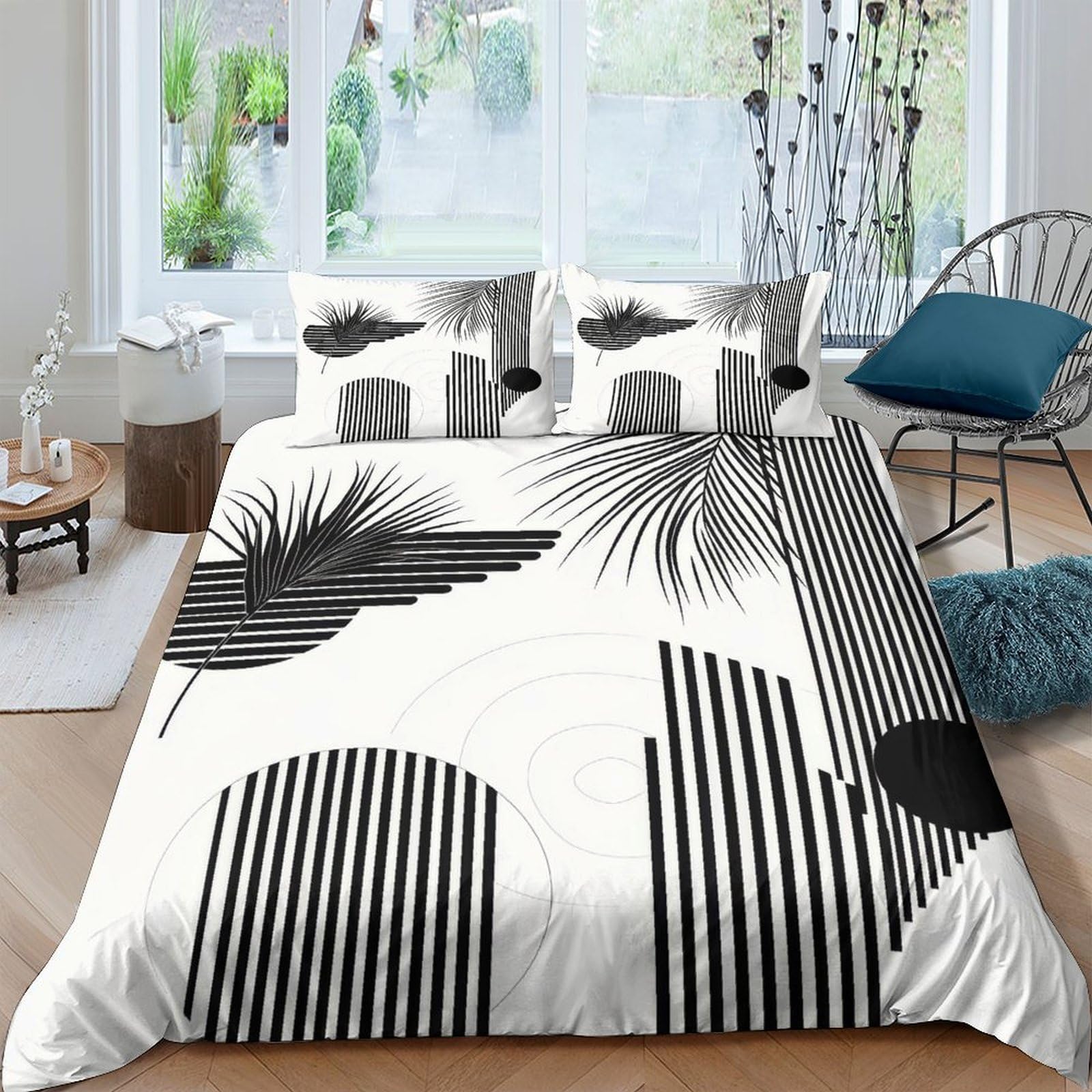 TUFRTGYHN 3D Printed Black Geometric Palm Leaf Duvet Cover Set Microfiber Soft Breathable with 2 Pillowcases for Bedroom Decor Single（135x200cm）