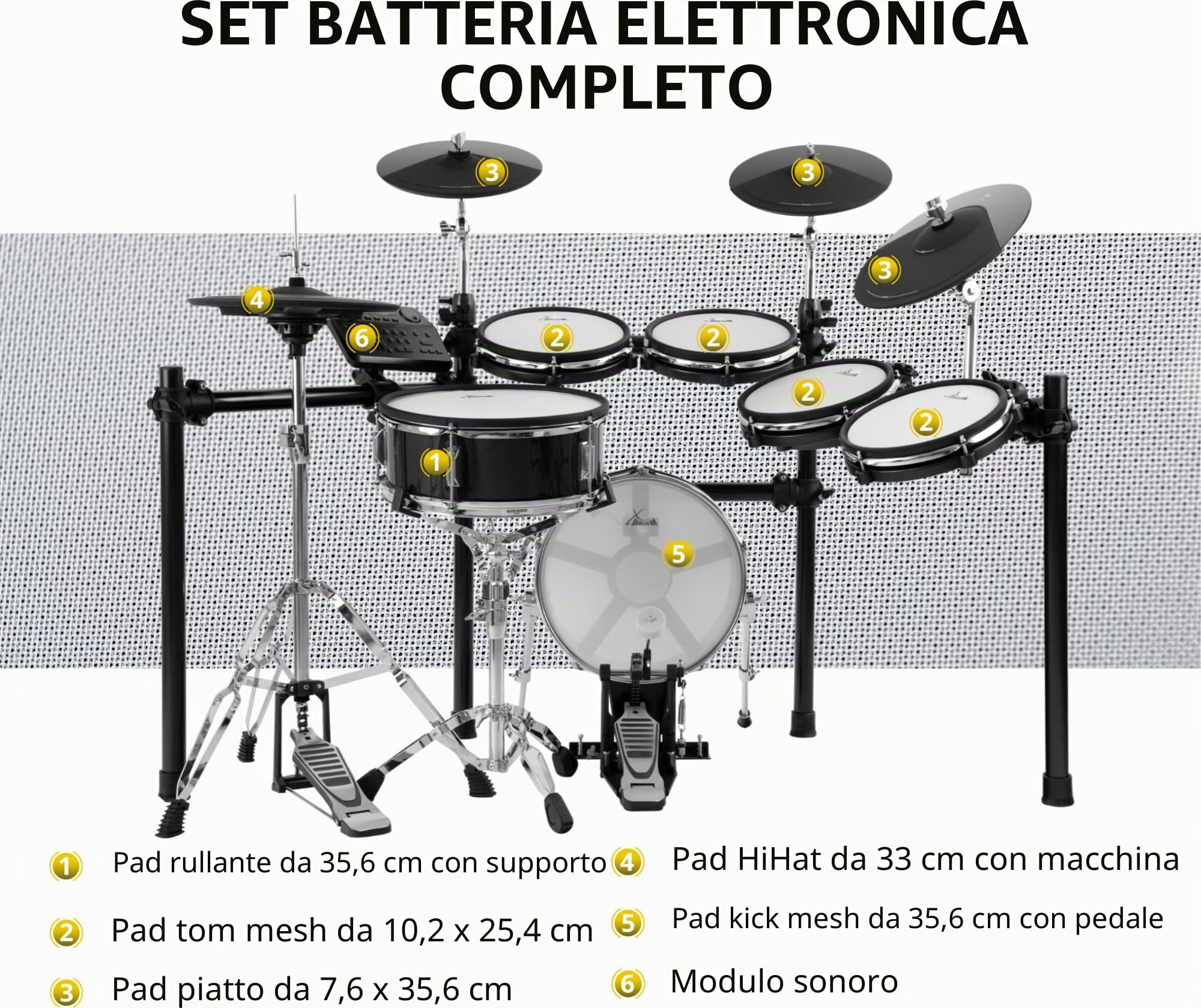 XDrum DD-650 PLUS Mesh E-Drum Kit, 1x pad cassa 14" con cassa in legno | Batteria elettronica con mesh heads a doppio strato, 1x pad rullante 14" dual-zone con cassa in legno, Modulo, 720 suoni