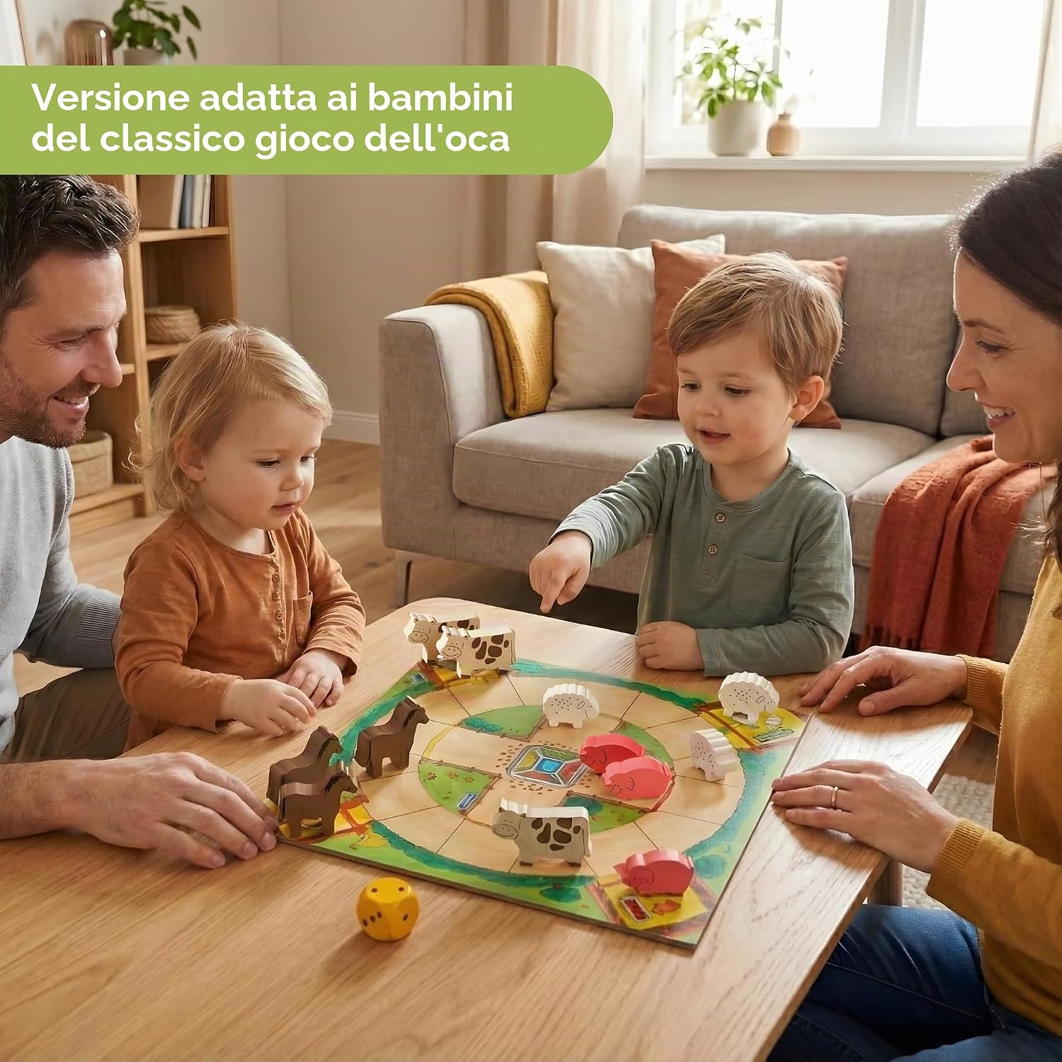 A family playing a board game with wooden animal figures on a circular track, using a yellow die.
