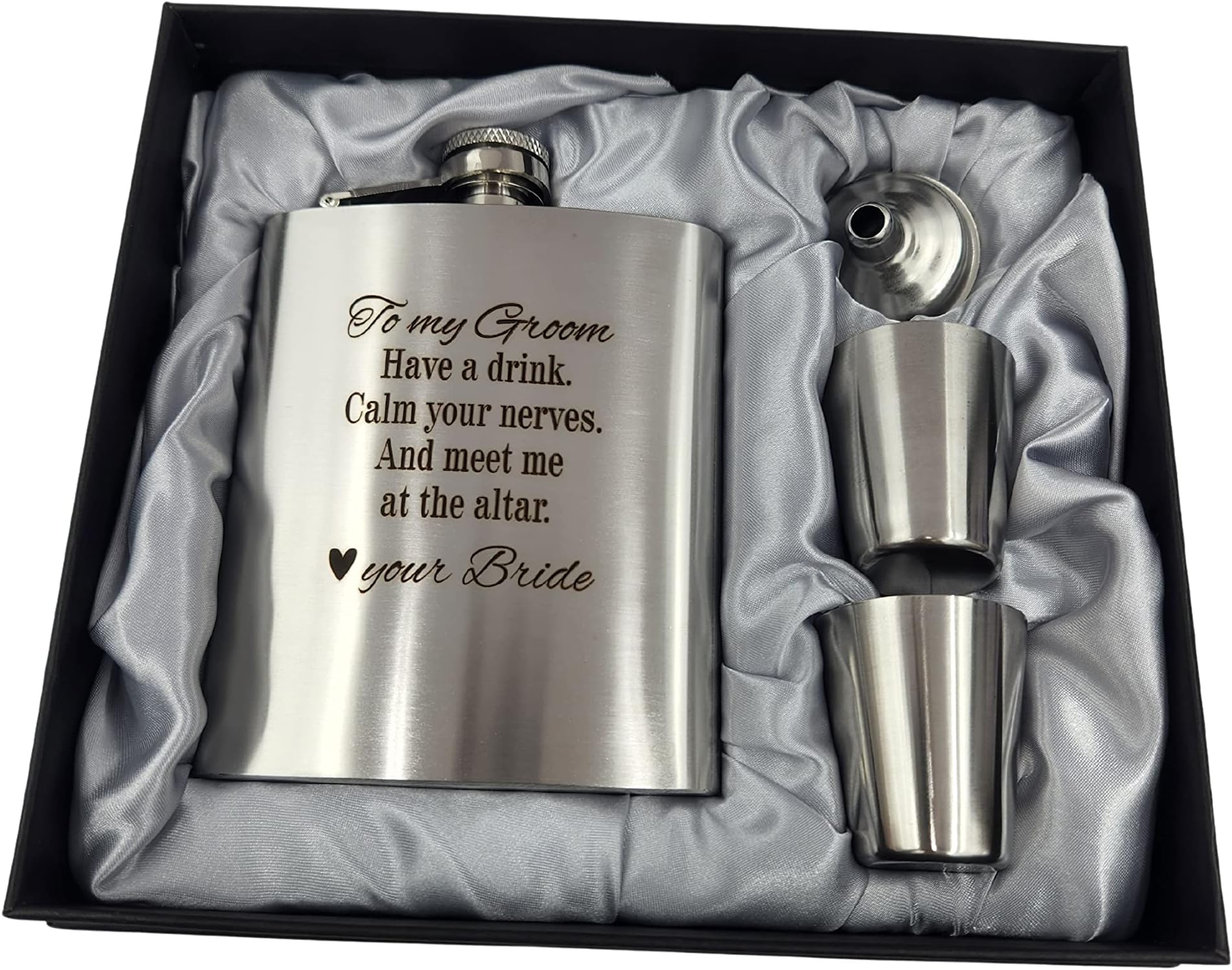 Wedding day Engraved Flask, Groom, Father of Bride, Groomsmen, Husband, Dad, Fiancé, Flask Set, Wedding Party, Bridal Party, New Husband, Love Bride, Meet me at altar, Box, Romantic, Groomsman, custom