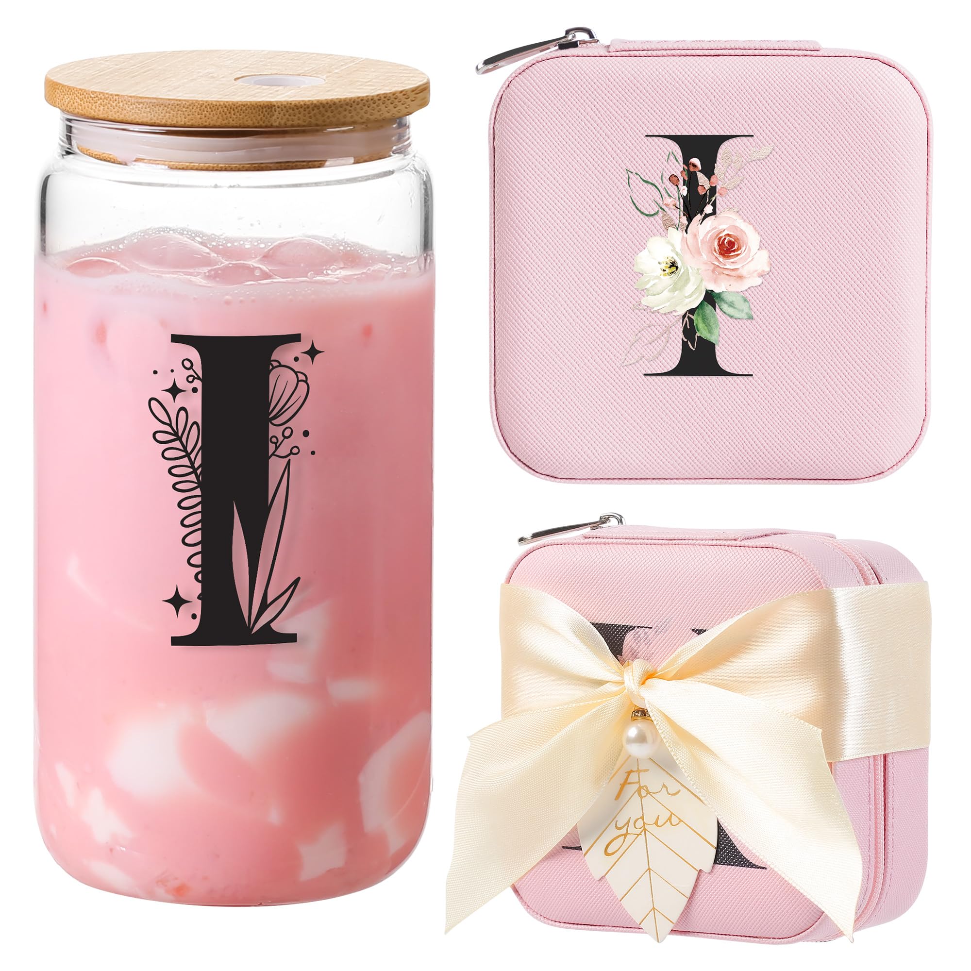 AYGXU Small Travel Jewelry Case, Portable Jewelry Box, Organizer Storage Holder Box, Iced Coffee Cute Tumbler Cup, Bamboo Lids for Glass, Teacher Gifts for Women, Initial I Pink