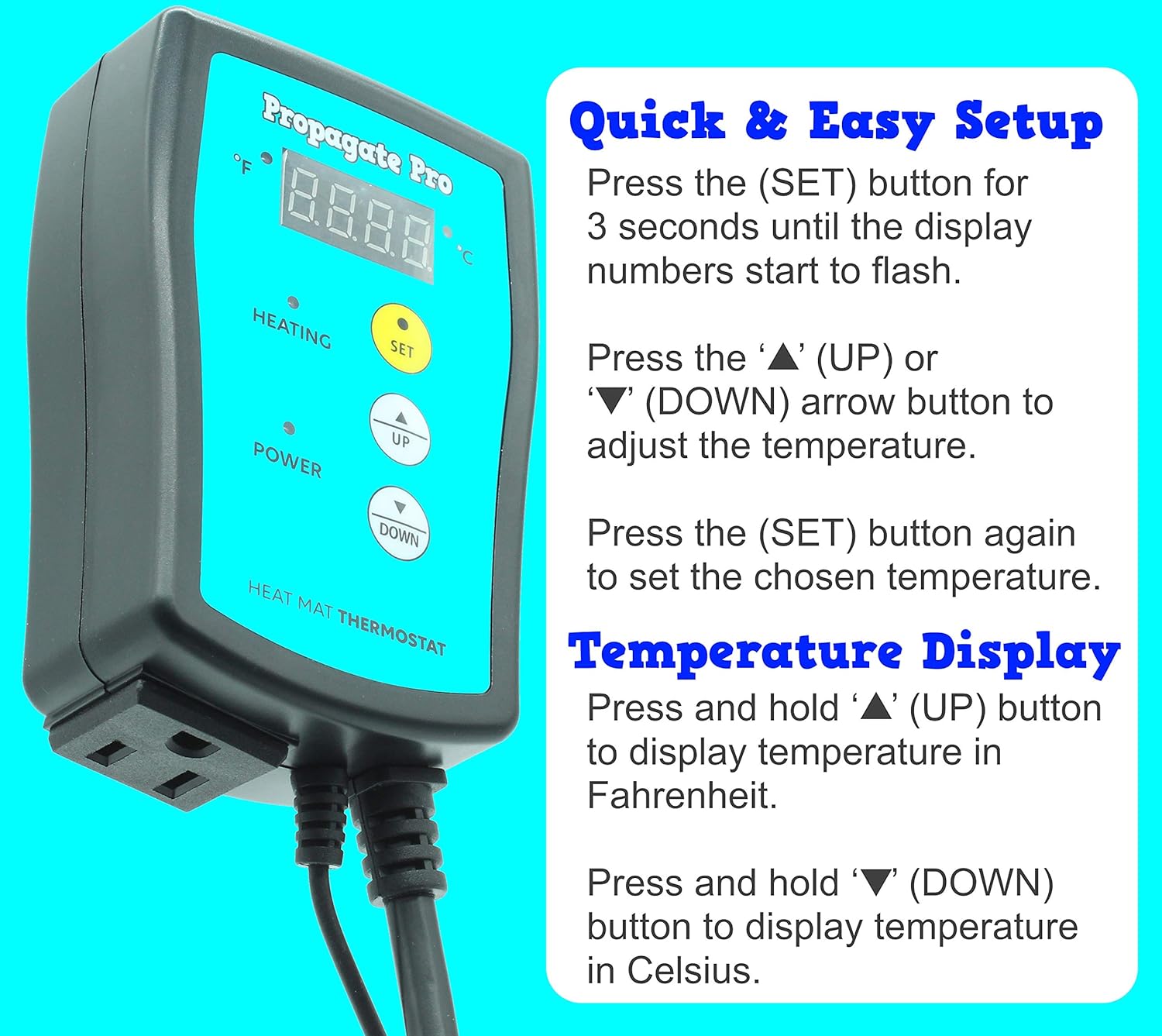 Plug in 1000 Watt Heating Thermostat Outlet 34-108°F by Propagate Pro 110V, 120V Heat Mat Heater Pad Temperature Controller for Starting Seeds, Reptiles, Egg Incubation + Beer Brewing/Wine Making