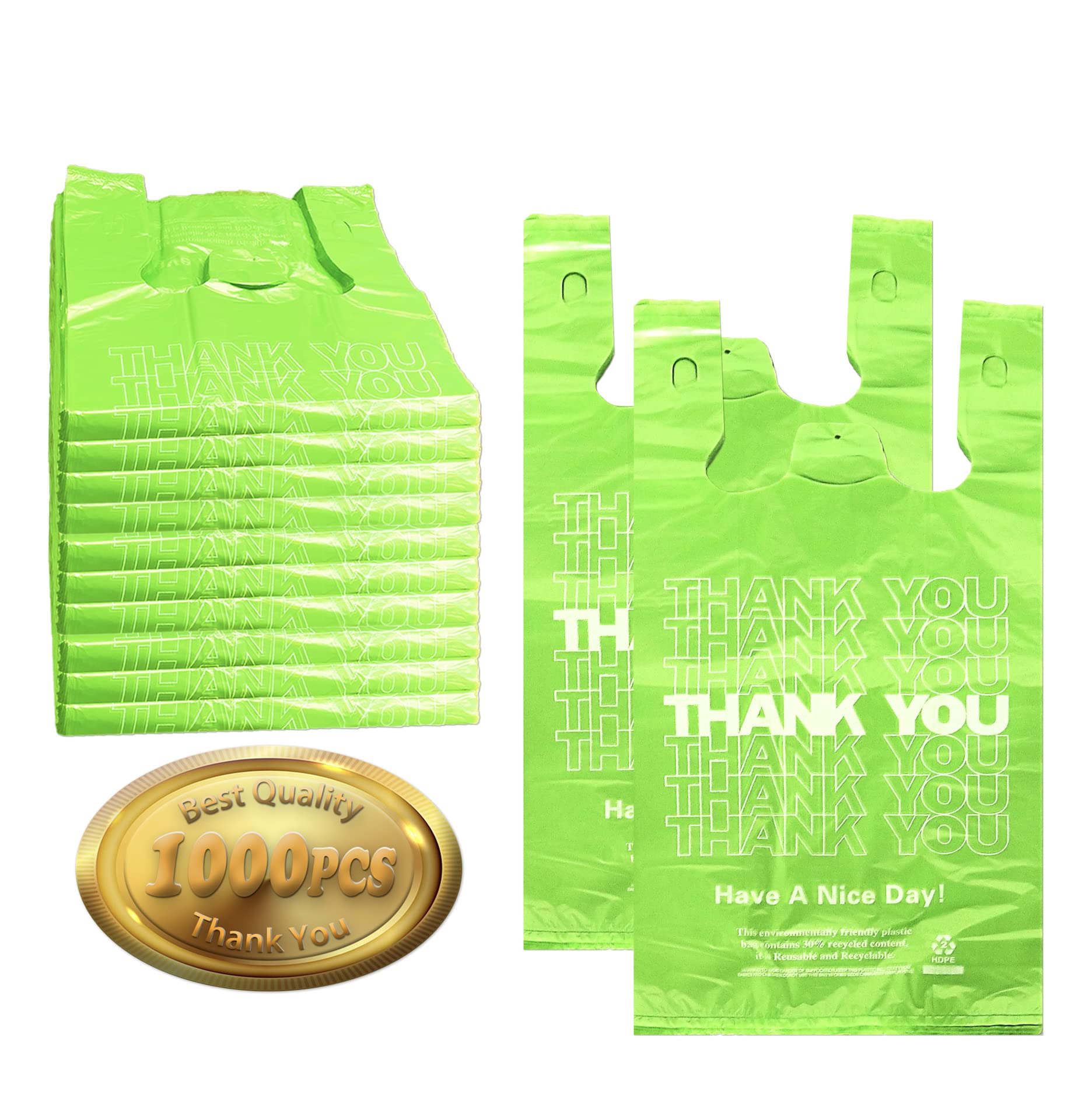 1000PACK Green Thank you bags, T shirt bags, Plastic Bags with Handles, Grocery shopping bag Reusable and Disposable Supermarket Bag 11''x6''x21'' (Green)