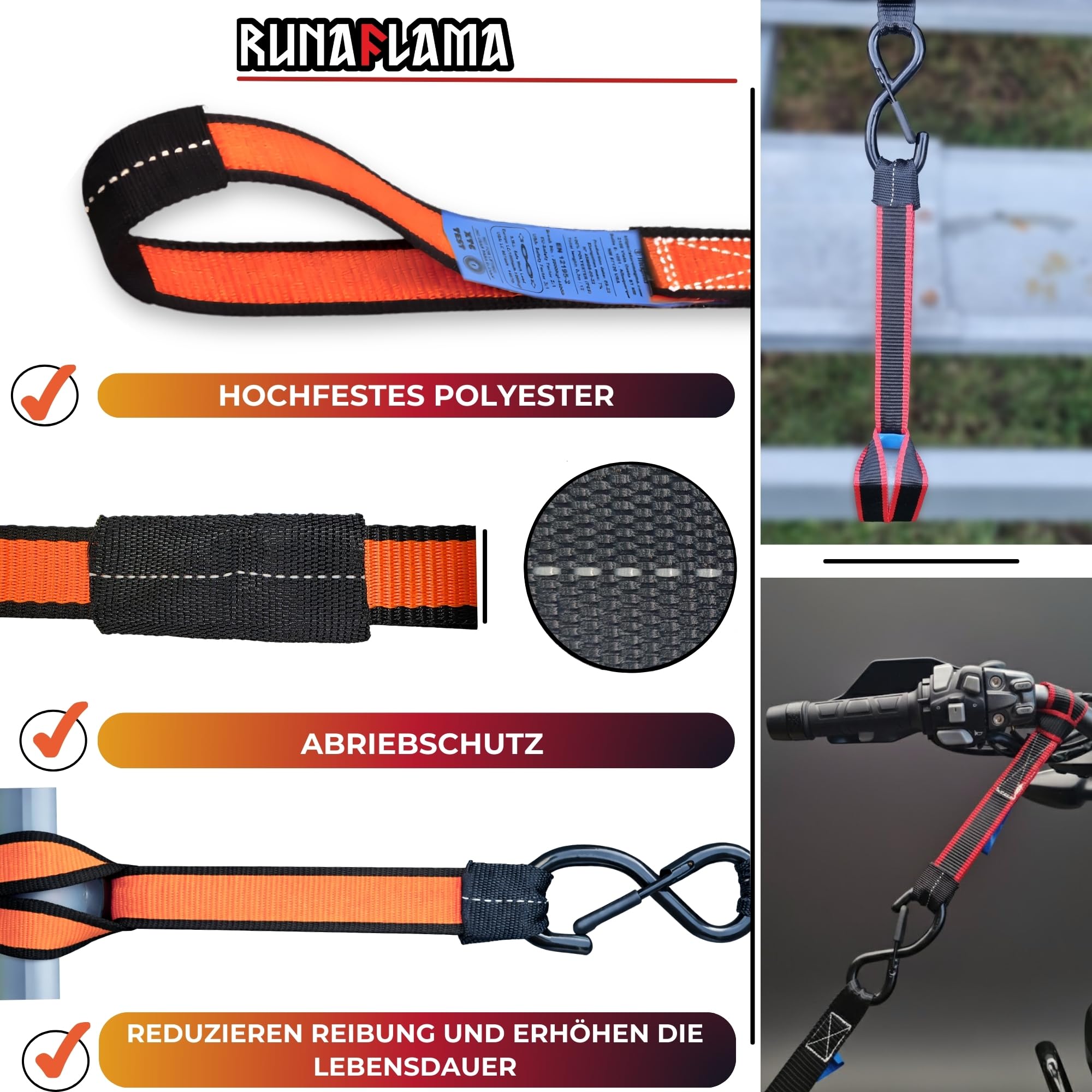 Motorrad Spanngurte 4er Set [2400 kg Bruchlast & EN 12195-2 geprüft] – Zurrschlaufen kurz für Lenker, Rahmen & Anhänger – Spanngurt Set inkl. Tasche & Klettband (Für sicheren Transport) - 4