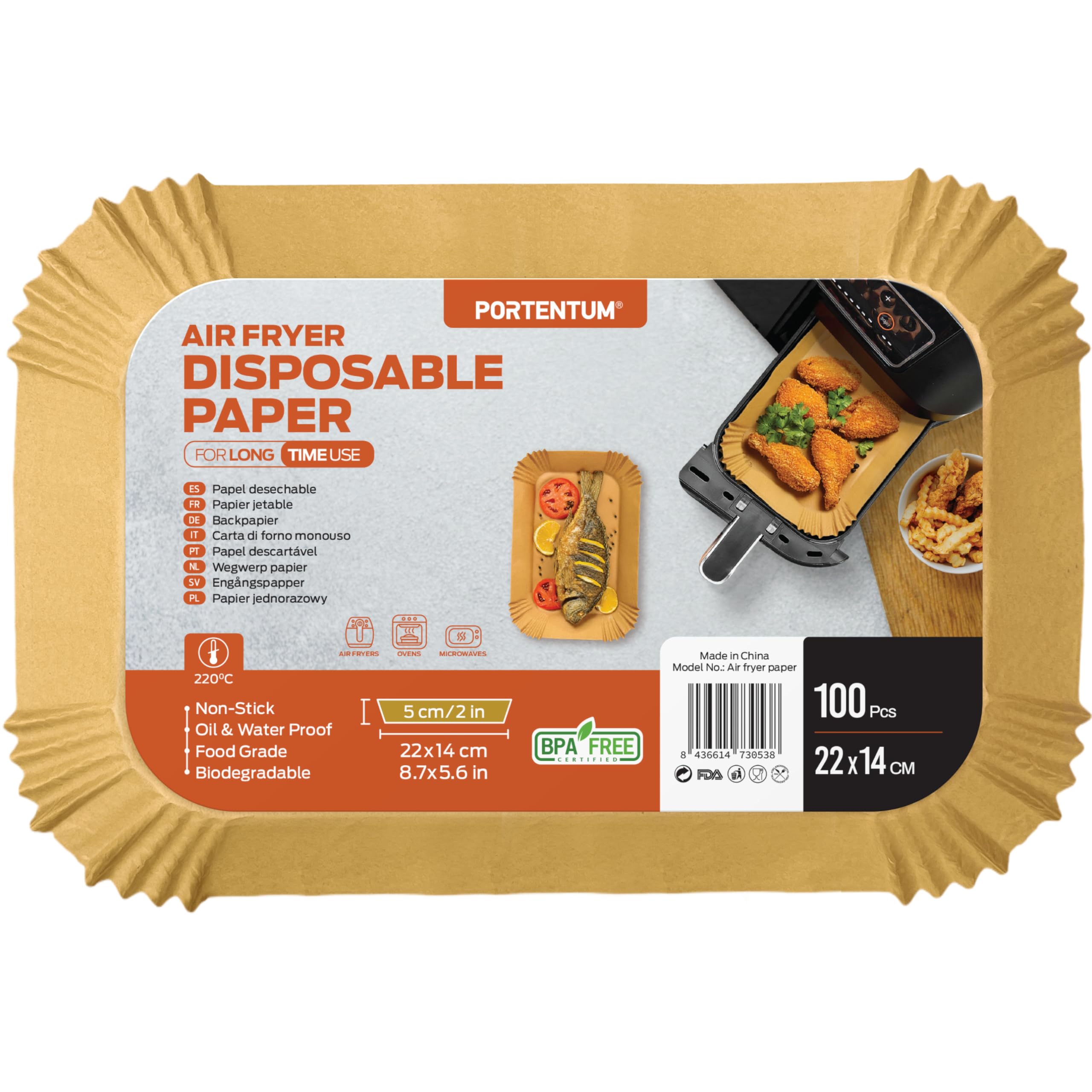 PORTENTUM Air Fryer Liners 100PCS Disposable, Unbleached and Greaseproof. Suitable for Dual fryers from 5.2 to 10 liters. Food-Grade use Baking Paper BPA Free, FDA, and LFGB Certified