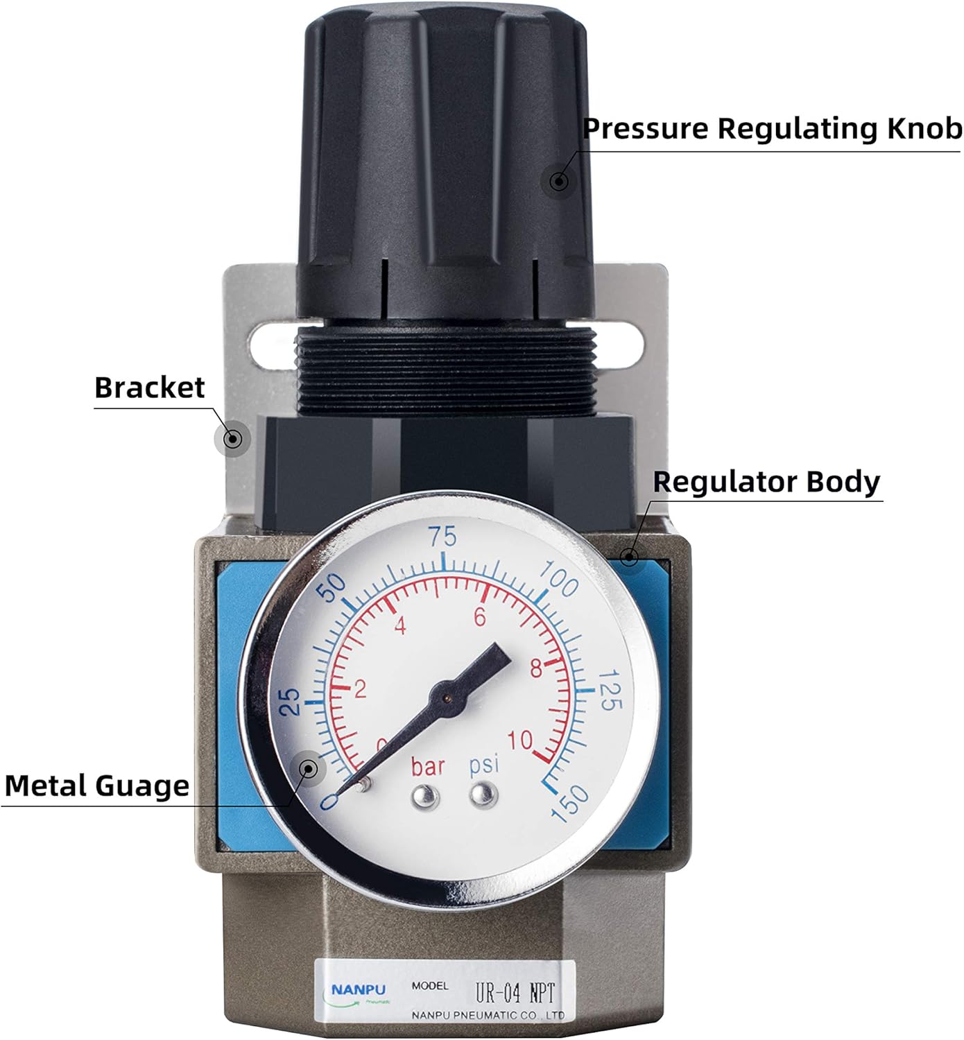 NANPU 1/2" NPT Compressed Air Regulator, 150 psi Steel-Protected Dial Gauge＆Metal Bracket, for Air Compressor ＆ Pneumatic Tools
