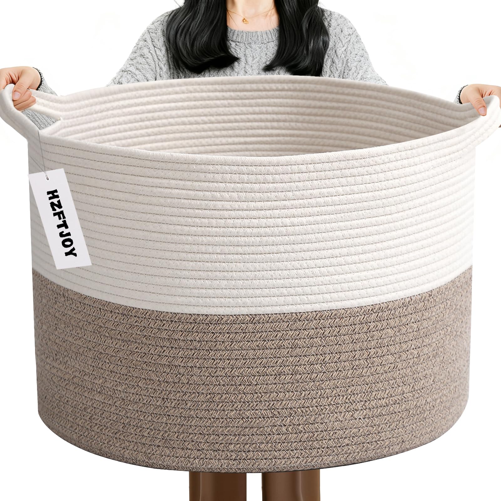 115L Extra Large Woven Cotton Rope Blanket Basket with Handles, Laundry Hamper Storage Bin for Pillows,Clothes, Bedroom and Living Room Organization, White & Brown