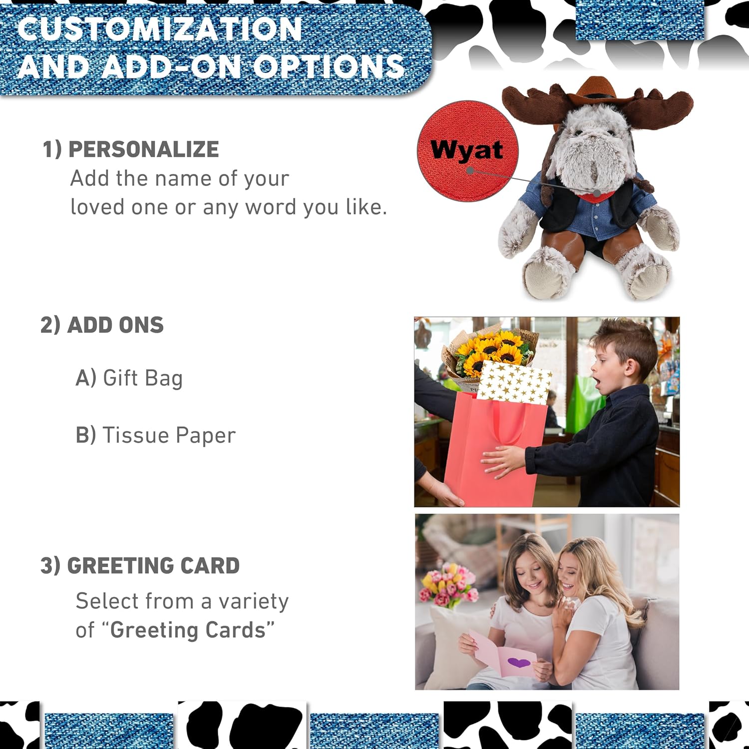 DolliBu Moose with Clothes Stuffed Animal Cowboy Plush with Name Personalization - Western-Themed Moose Plush with Cute Cowboy Costume Denim Shirt Vest, Bandana, Leather Pants, and Hat - 10 Inches