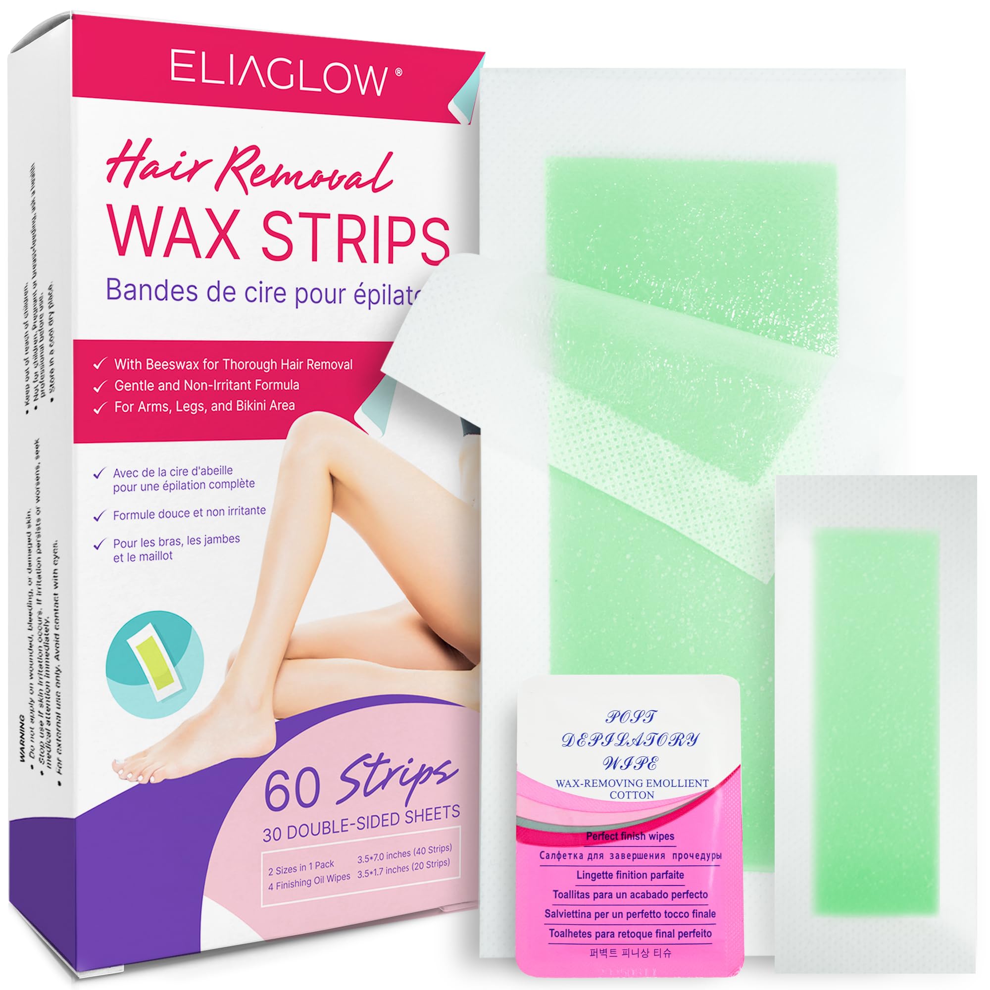 60 PCS Wax Strips for Hair Removal: 40 Body & 20 Facial Hair Removal for Women - Waxing Kit for Women, Face, Eyebrow, Arms, Legs, Chest, Back, Bikini/Brazilian Waxing Strips & 4 Calming Oil Wipes