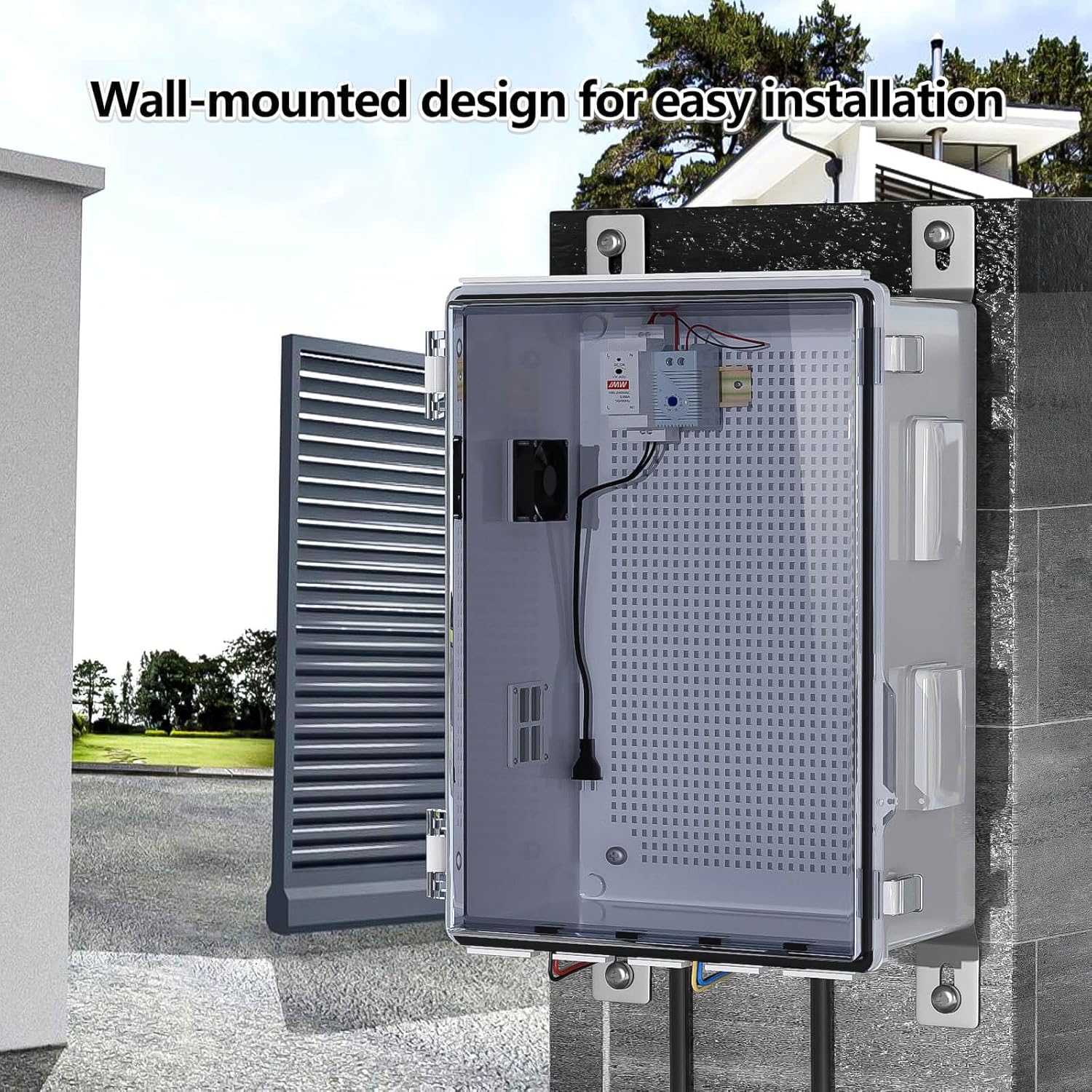 Outdoor Electrical Box with Thermostat and Fan, Ventilated Design, Cable Grommets, Indoor/Outdoor Use with Mounting Panel. (Clear Cover, 15.7"x11.8"x7.1") - Image 4