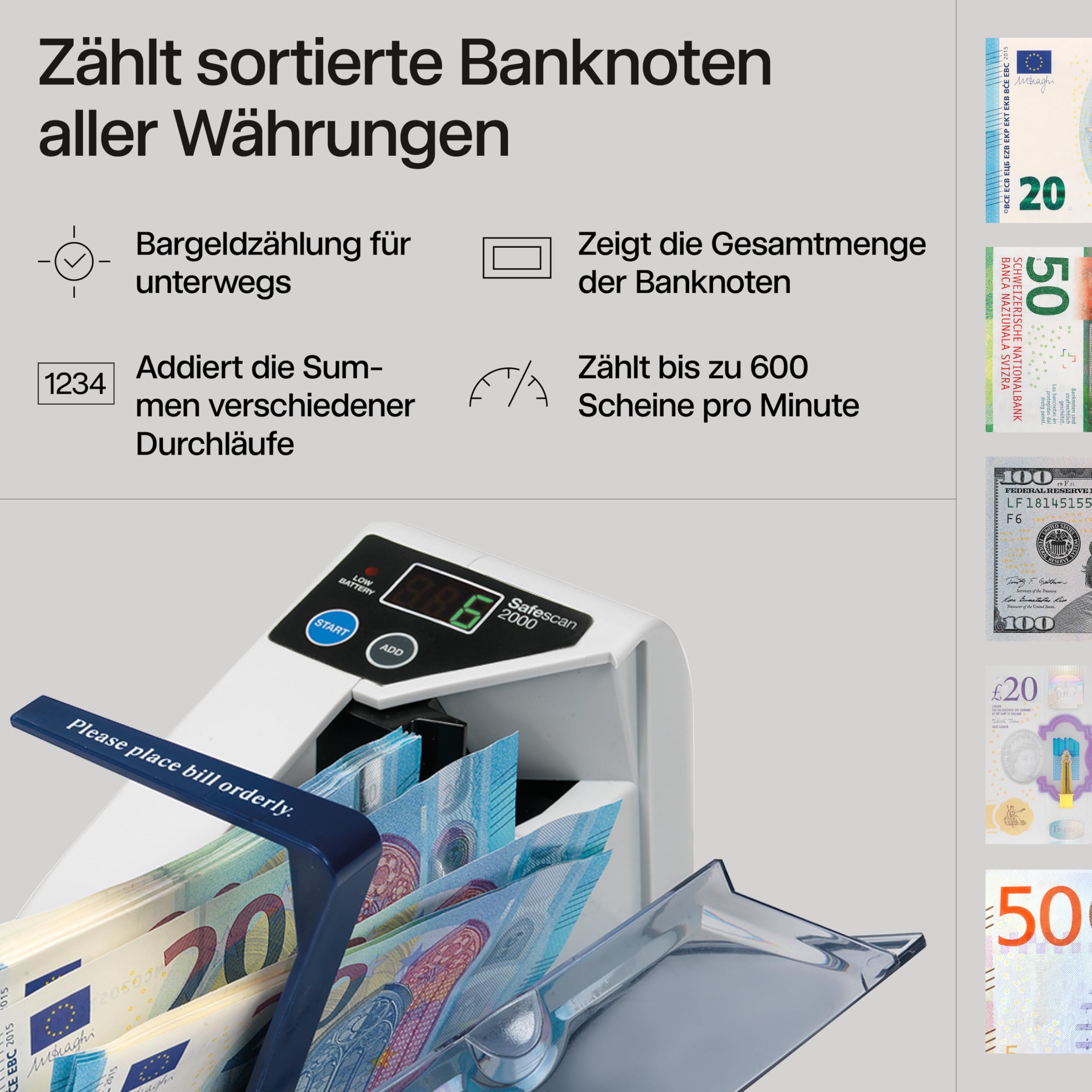 Safescan 2000 Tragbare Geldzählmaschine, zählt sortiert Geldscheine - Banknotenzähler für unterwegs - zählt sortierte Banknoten aller Währungen