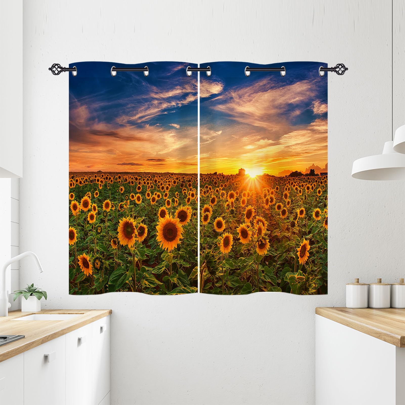 ANHOPE Sunflower Curtains Eyelet Ring Top Soft Thermal Insulated Blackout Curtains Sunset Yellow Flower Field Print Pattern Decorative Window Drapes for Bedroom Living Room 28 x 54 Inch 2 Panels — image 1