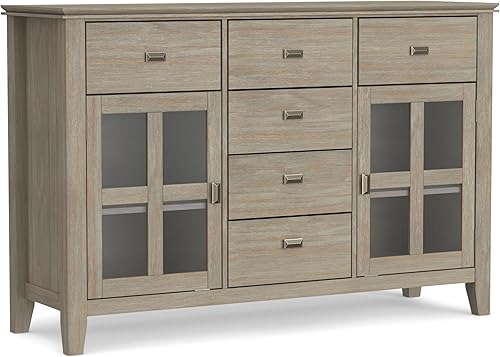 SIMPLIHOME Artisan Buffet - Aparador de 3 puertas de madera maciza de 54 pulgadas de ancho en gris envejecido, gabinete de almacenamiento de