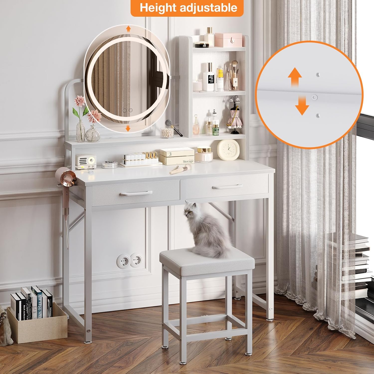 ODK Dressing Table with height-adjustable Mirror for 120-180 cm, LED Lights with Adjustable Brightness, Vanity Table with 2 fabric Drawers and 4 Open Compartments, 80×40×136cm, White