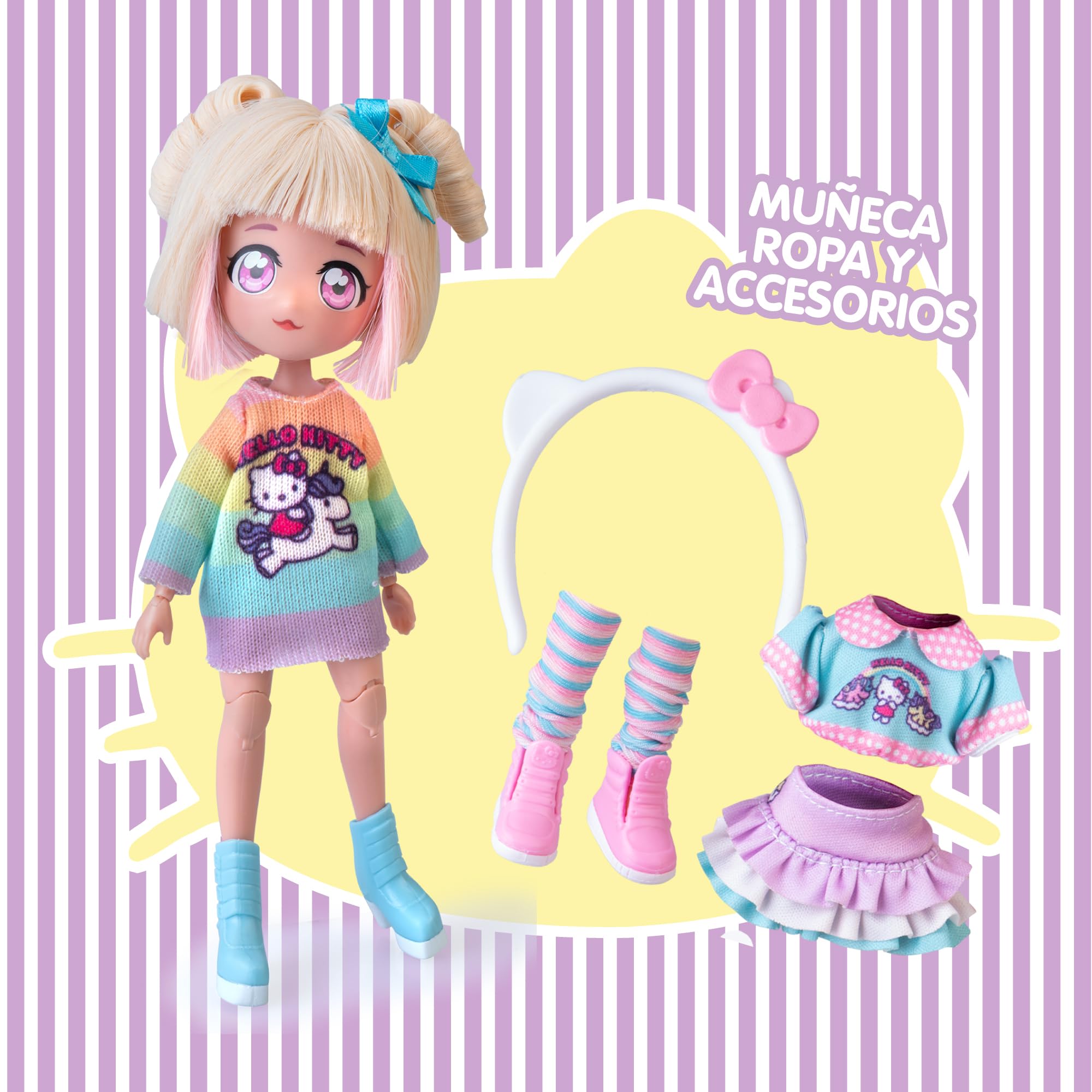 4SF - Hello Kitty Manga Fashion Unicorns, Muñeca Fashion Japonesa, Figura de 19,5 cm con 15 Puntos de Articulación, Incluye Falda Ra-Ra, Calentadores y Diadema con Orejas, Famosa (HKTF2000)