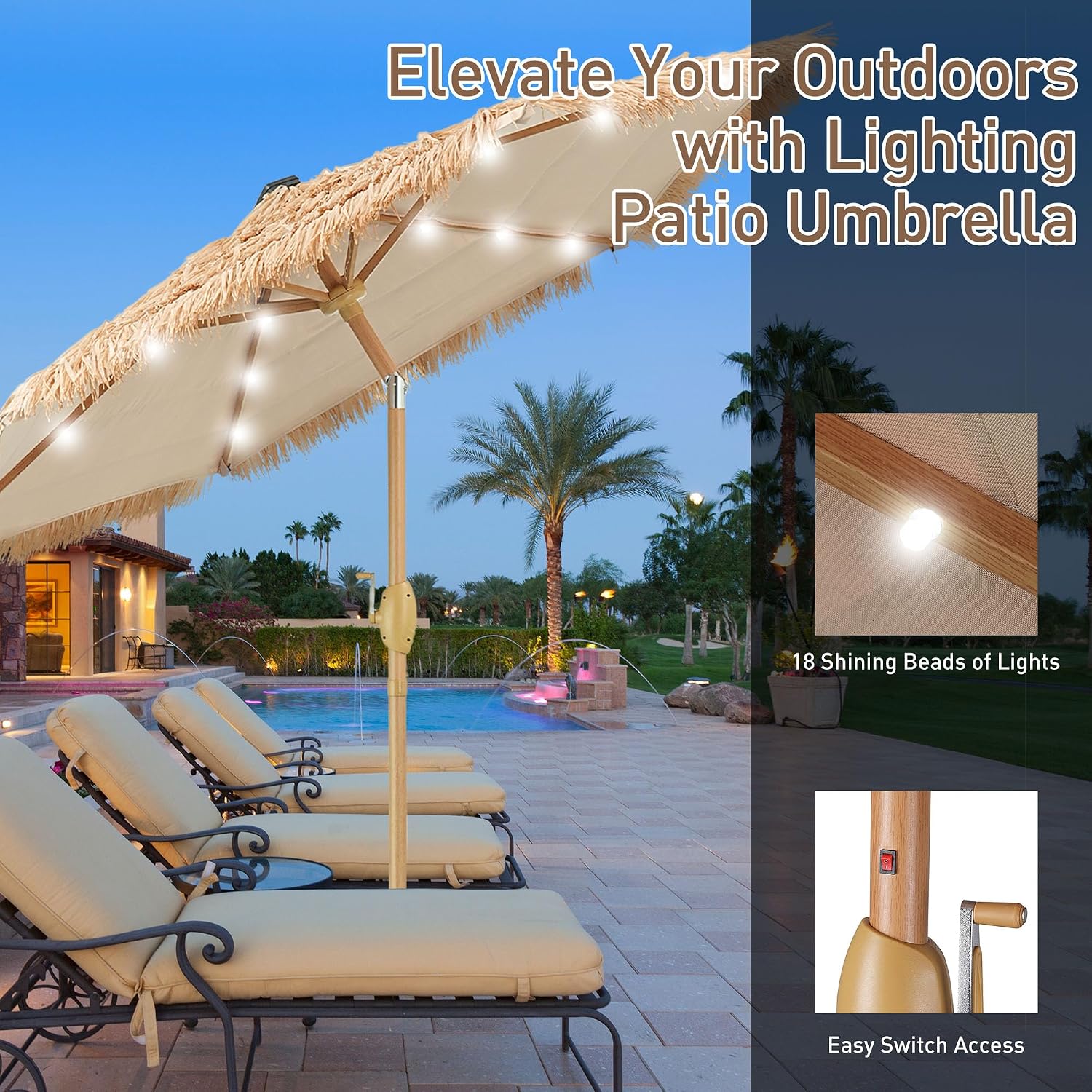 GDY 7.5ft Tiki Patio Umbrella with 18 LED Lights, and Umbrella Base, for Garden, Beach, Deck, Backyard & Pool