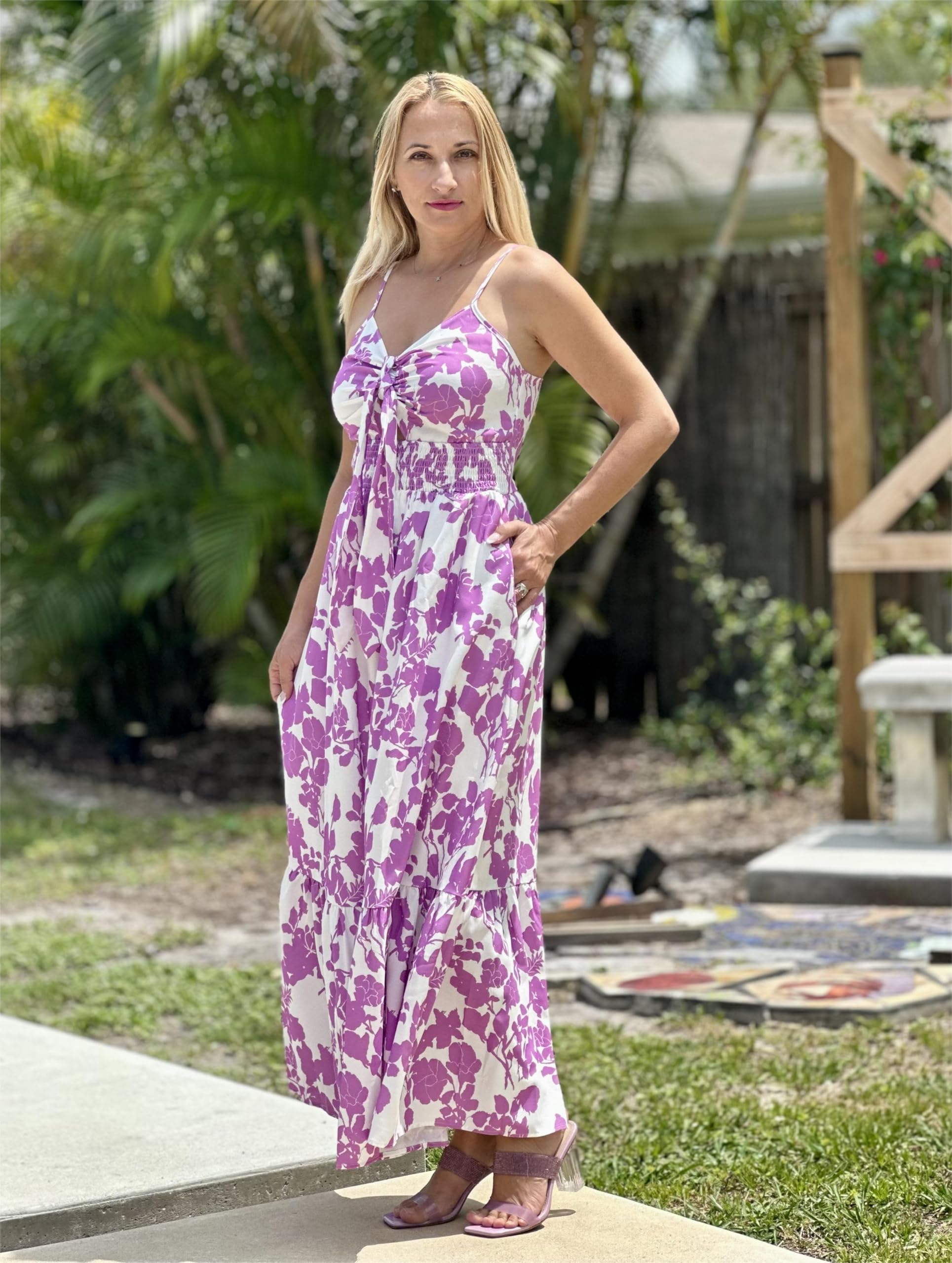 GRACE KARIN Women's 2026 Summer Maxi Dress Floral Tie Front Spaghetti Strap Casual Boho Beach Flowy Sundress with Pockets