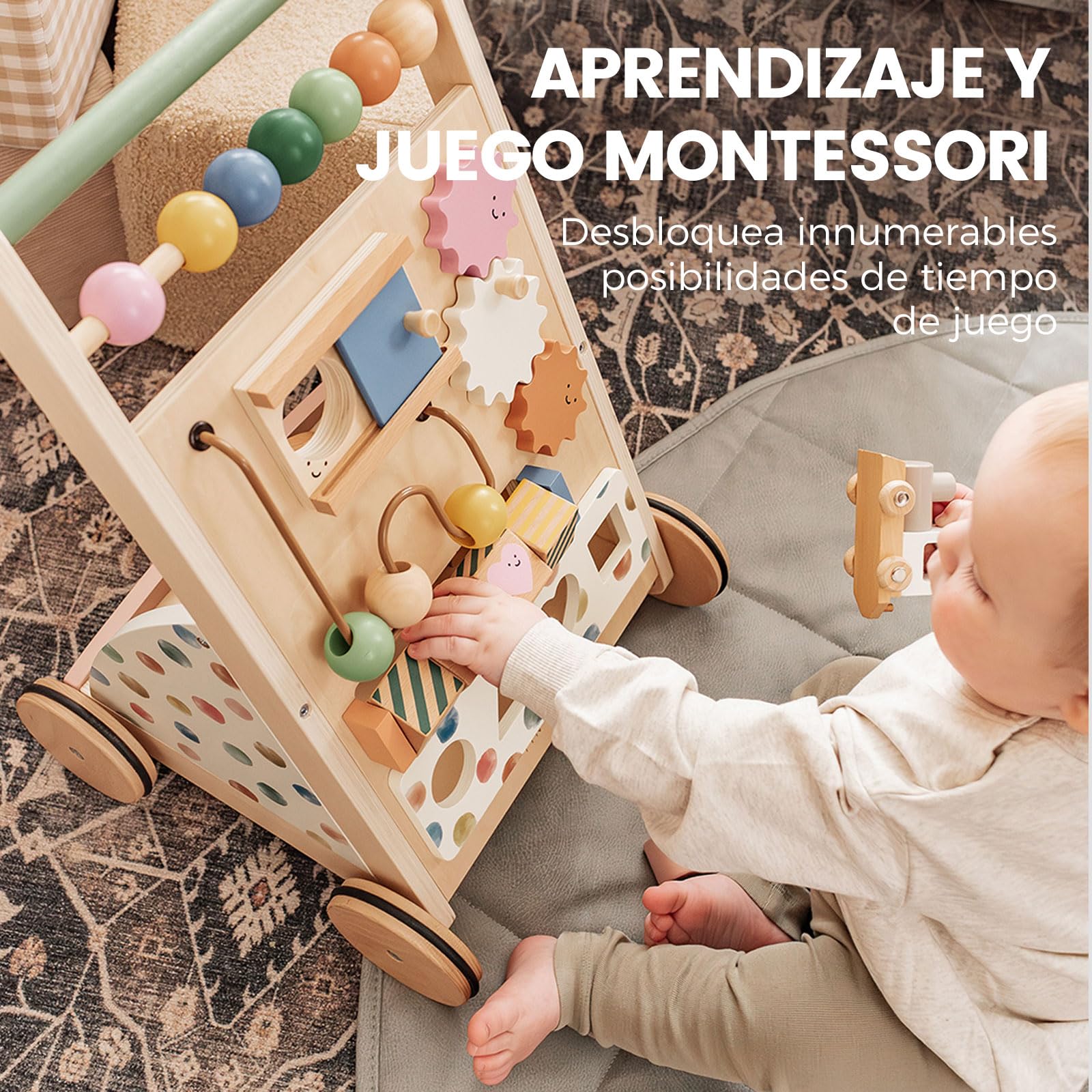 Tiny Land Andador de madera, juego de andador para bebé, andador con velocidad ajustable para niños y niñas, andador y centro de actividades para bebés