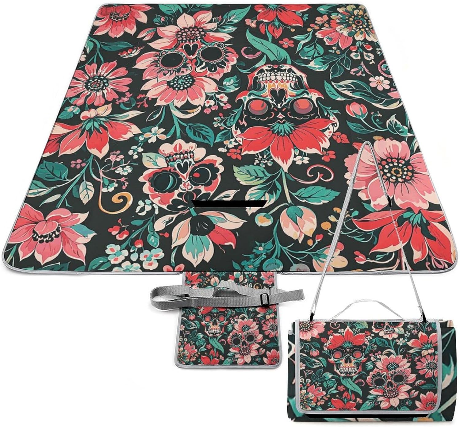 Outdoor Picnic Blanket Extra Large Beach Blanket Waterproof Picnic Mat Black Floral Skull Camping Blanket Portable with Carry Strap Park Blanket for Grass Camping Park